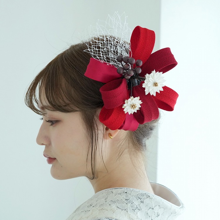 髪飾り 成人式 レトロ リボンヘッドドレス風コーム つまみ細工 
