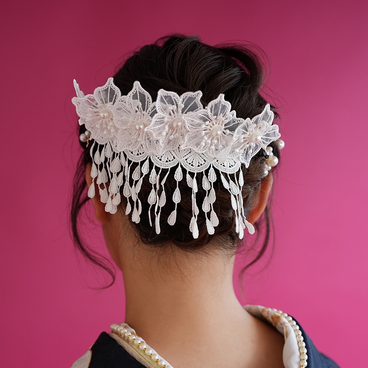 髪飾り 振袖 成人式 白 レトロ モダン レース コーム単品 ヘアアクセ
