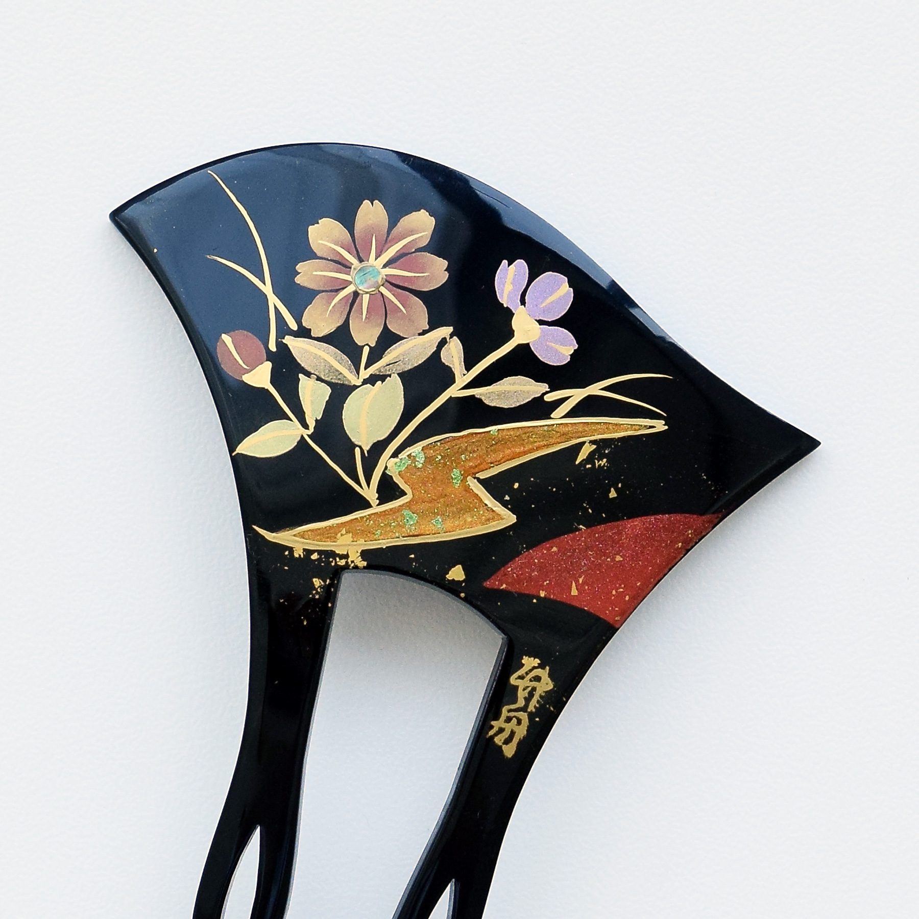 かんざし 日本製 花霞 髪飾り 簪 蒔絵調 二本差し 髪留め バチ型 扇型