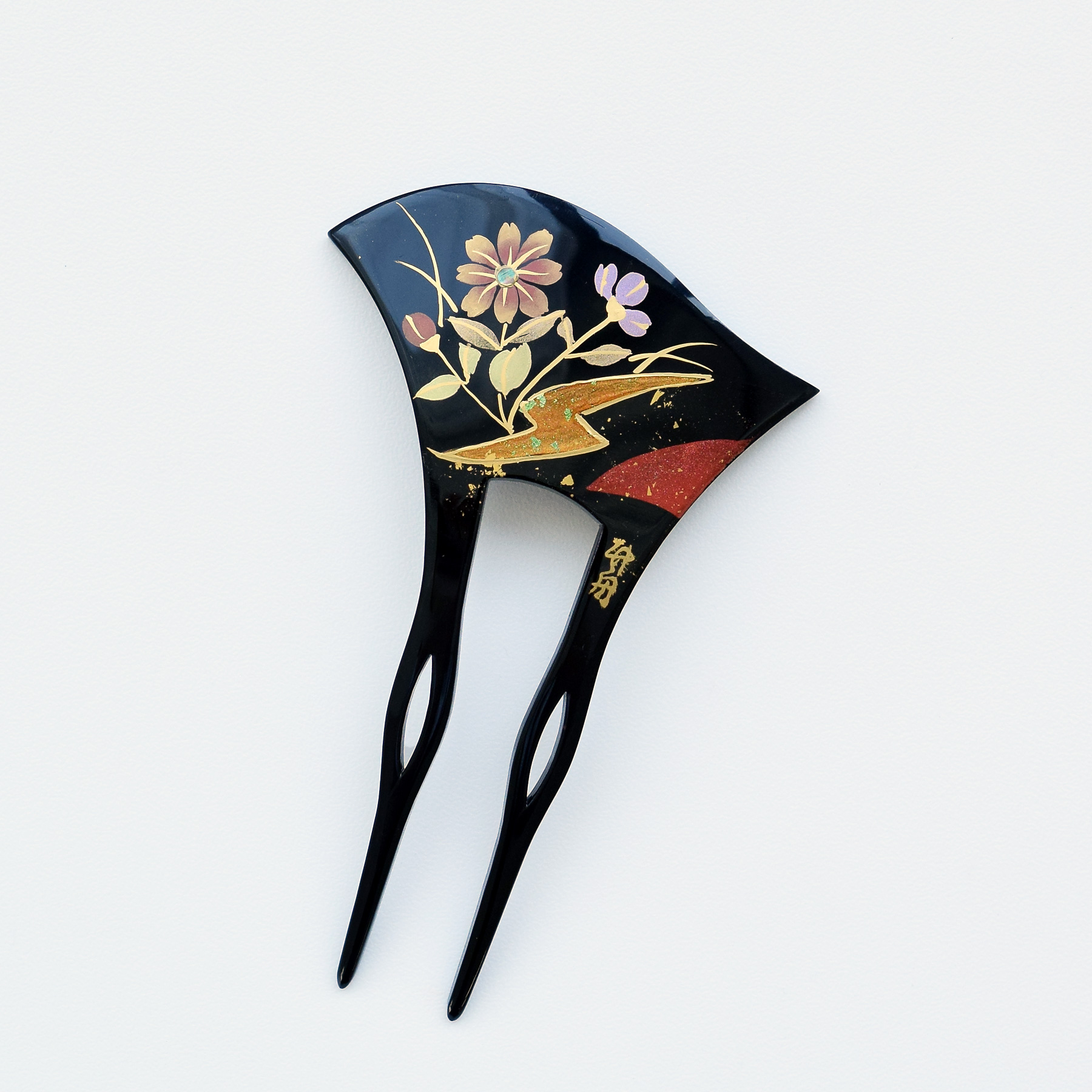 かんざし 日本製 花霞 髪飾り 簪 蒔絵調 二本差し 髪留め バチ型 扇型