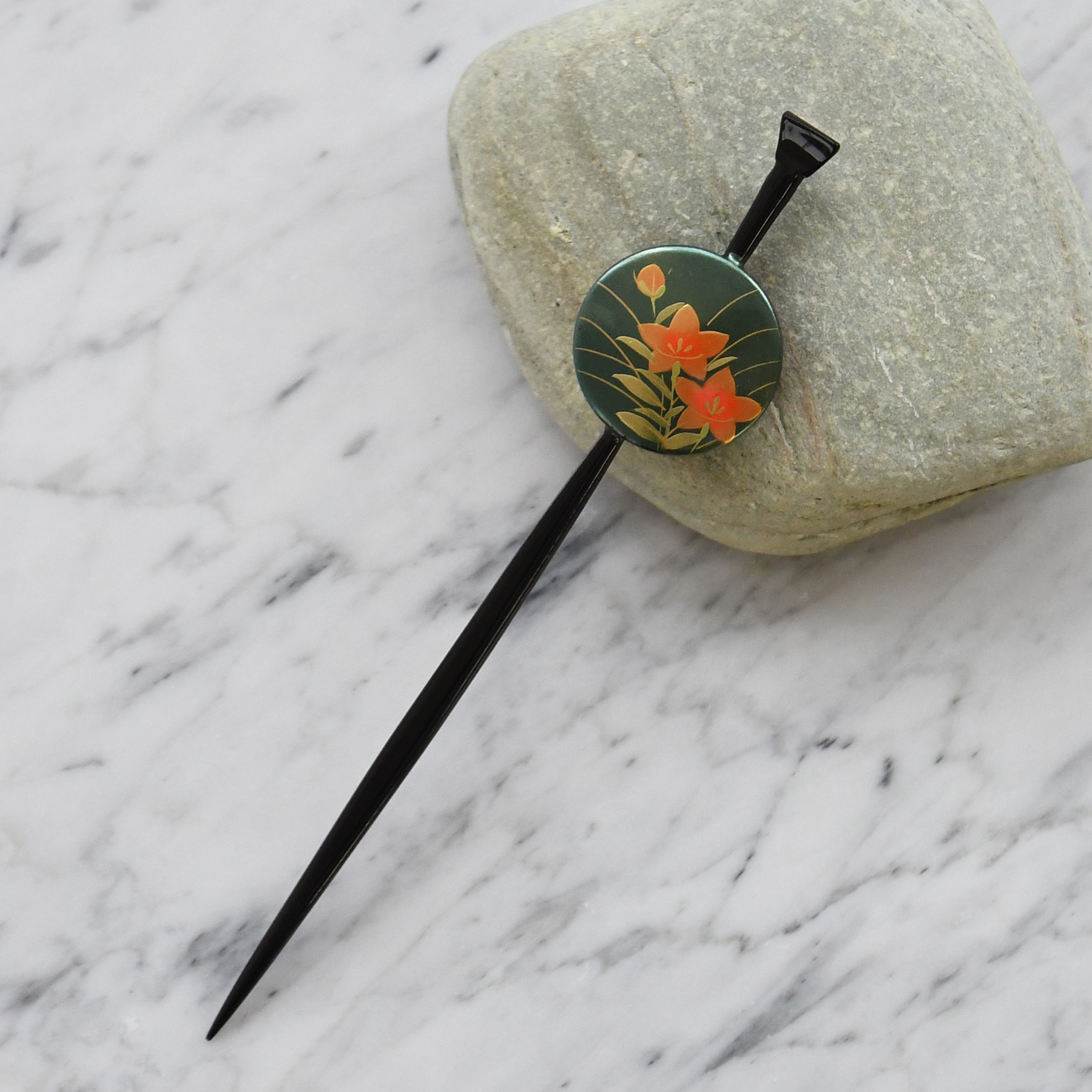 かんざし 日本製 蒔絵かんざし 桔梗・緑 平打ちかんざし 簪 髪飾り