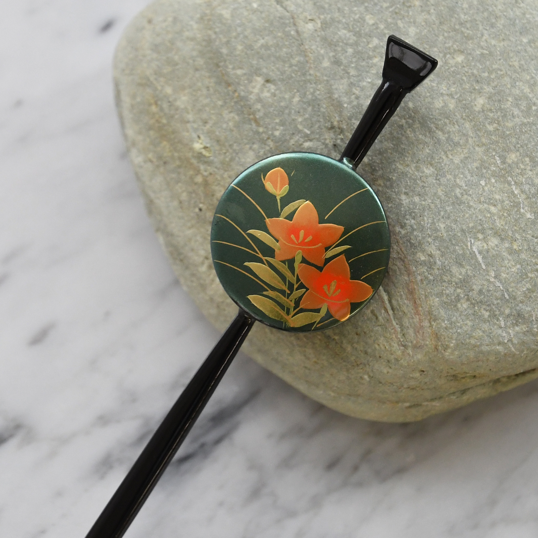 かんざし 日本製 蒔絵かんざし 桔梗・緑 平打ちかんざし 簪 髪飾り