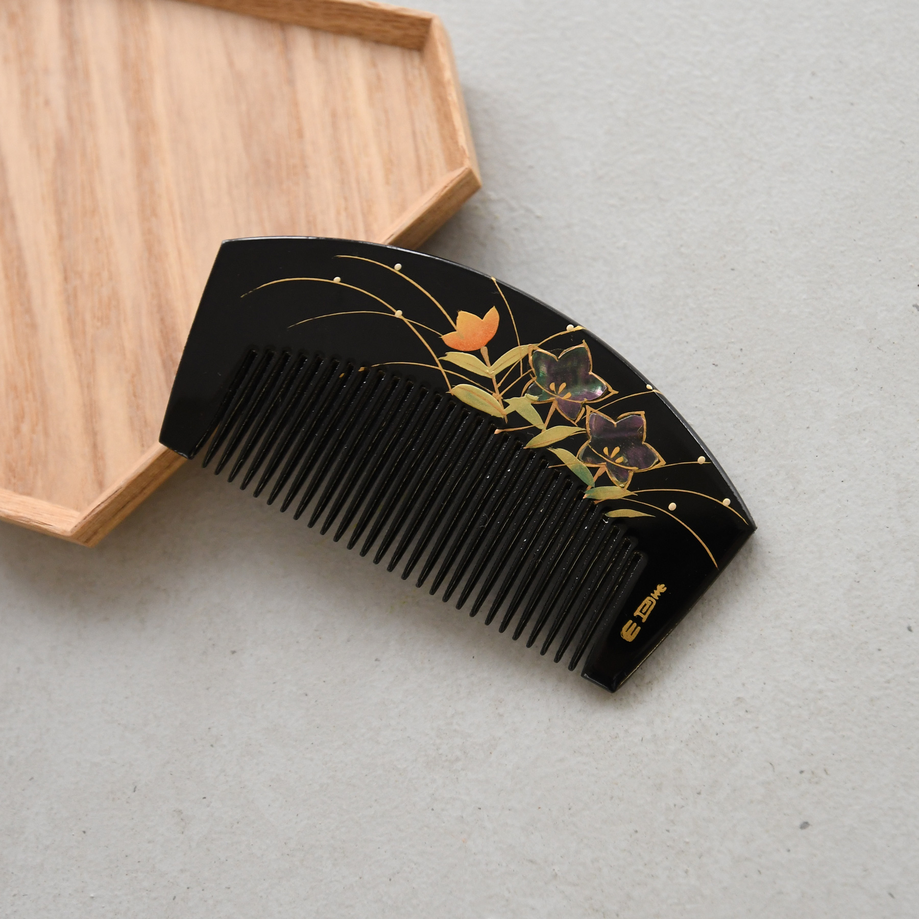 かんざし 櫛 日本製 蒔絵塗り前櫛かんざし 桔梗・螺鈿 髪飾り 螺鈿