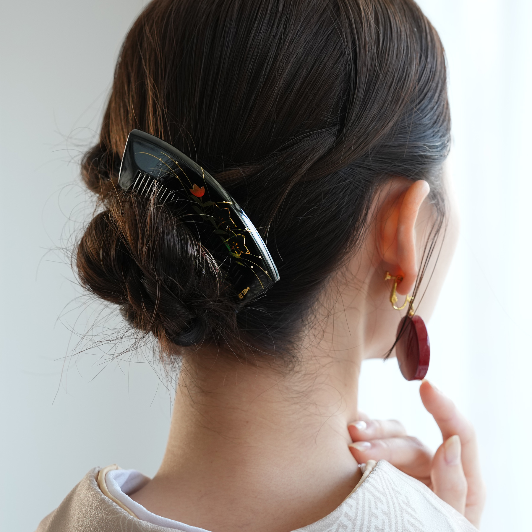 かんざし 櫛 日本製 蒔絵塗り前櫛かんざし 桔梗・螺鈿 髪飾り 螺鈿