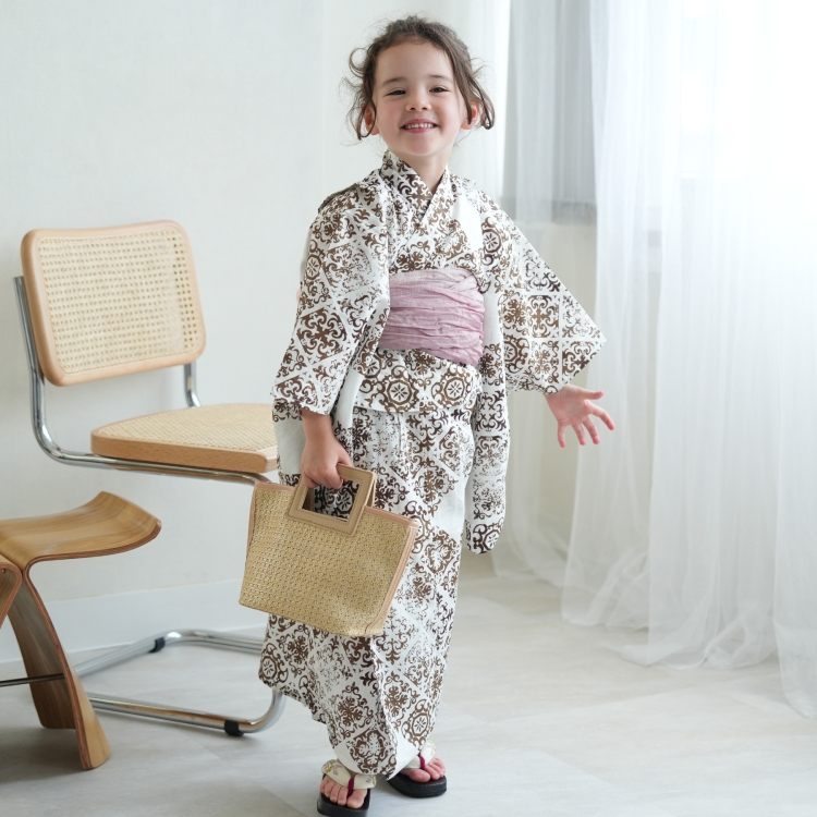 浴衣 子供 女の子 3点セット（浴衣 帯 下駄） ニコアンティーク
