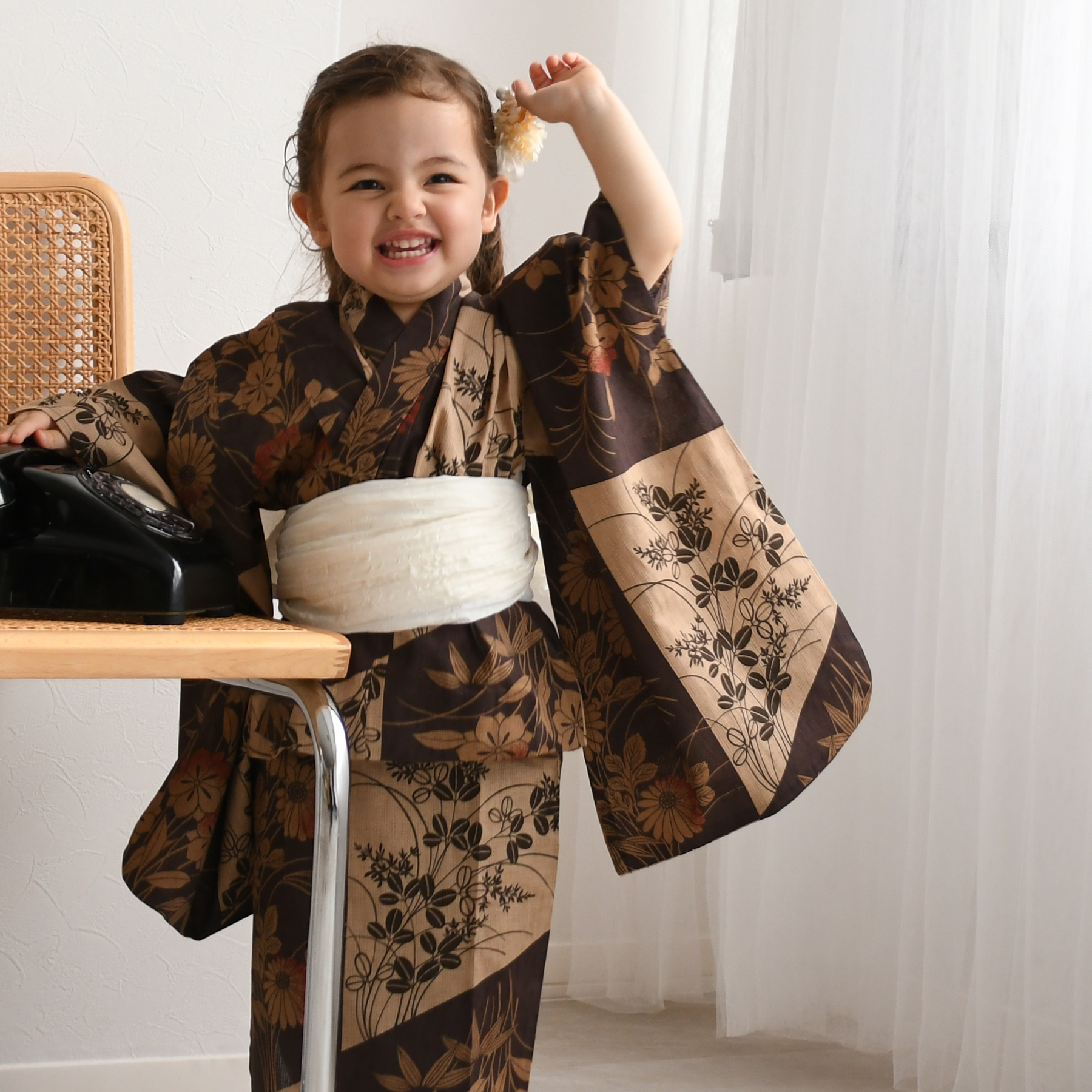 浴衣 子供 女の子 ニコアンティーク kids 子供浴衣3点セット 珈琲色の