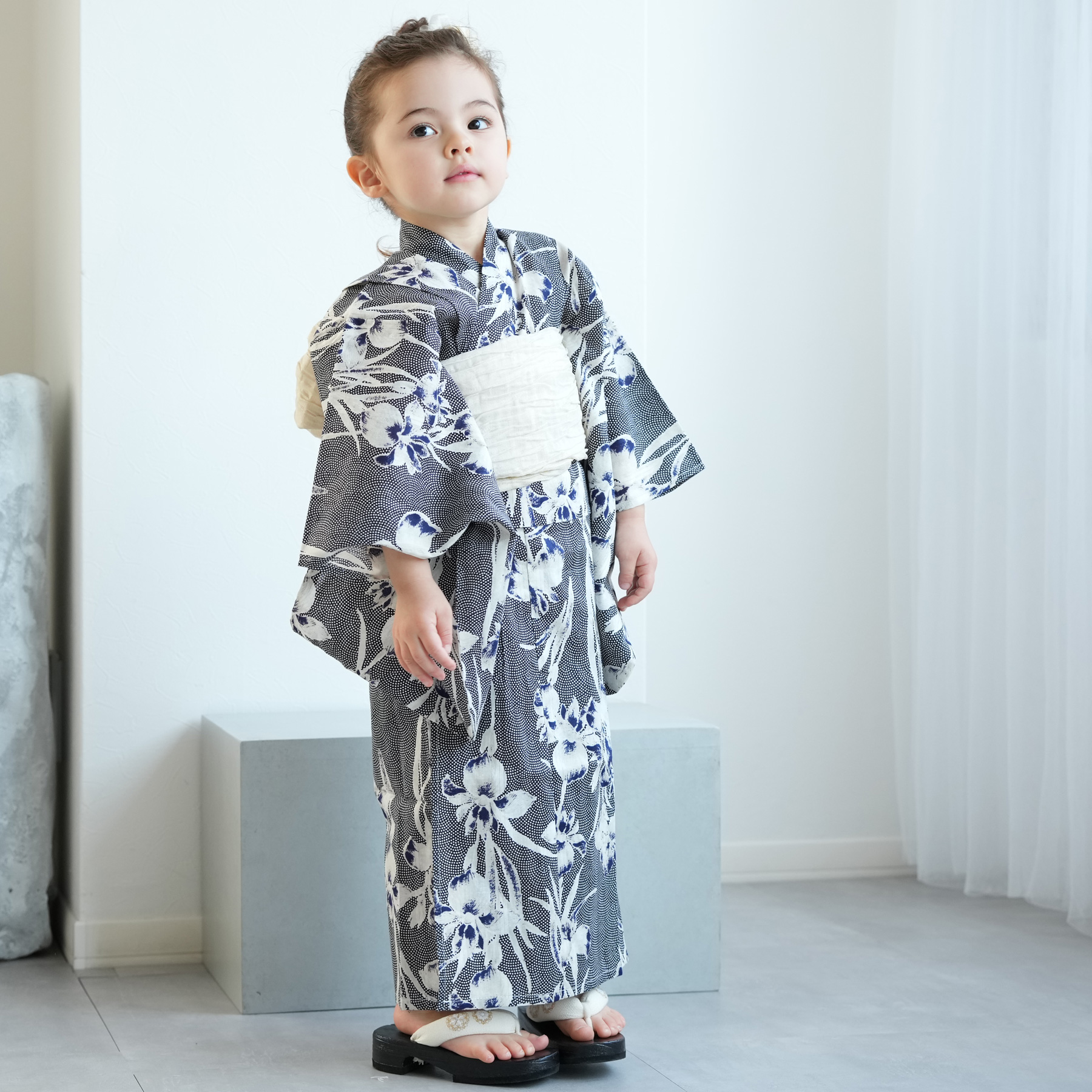 utatane×Acka.］kids 鮫小紋と菖蒲 navy 浴衣3set ○ : 浴衣通販