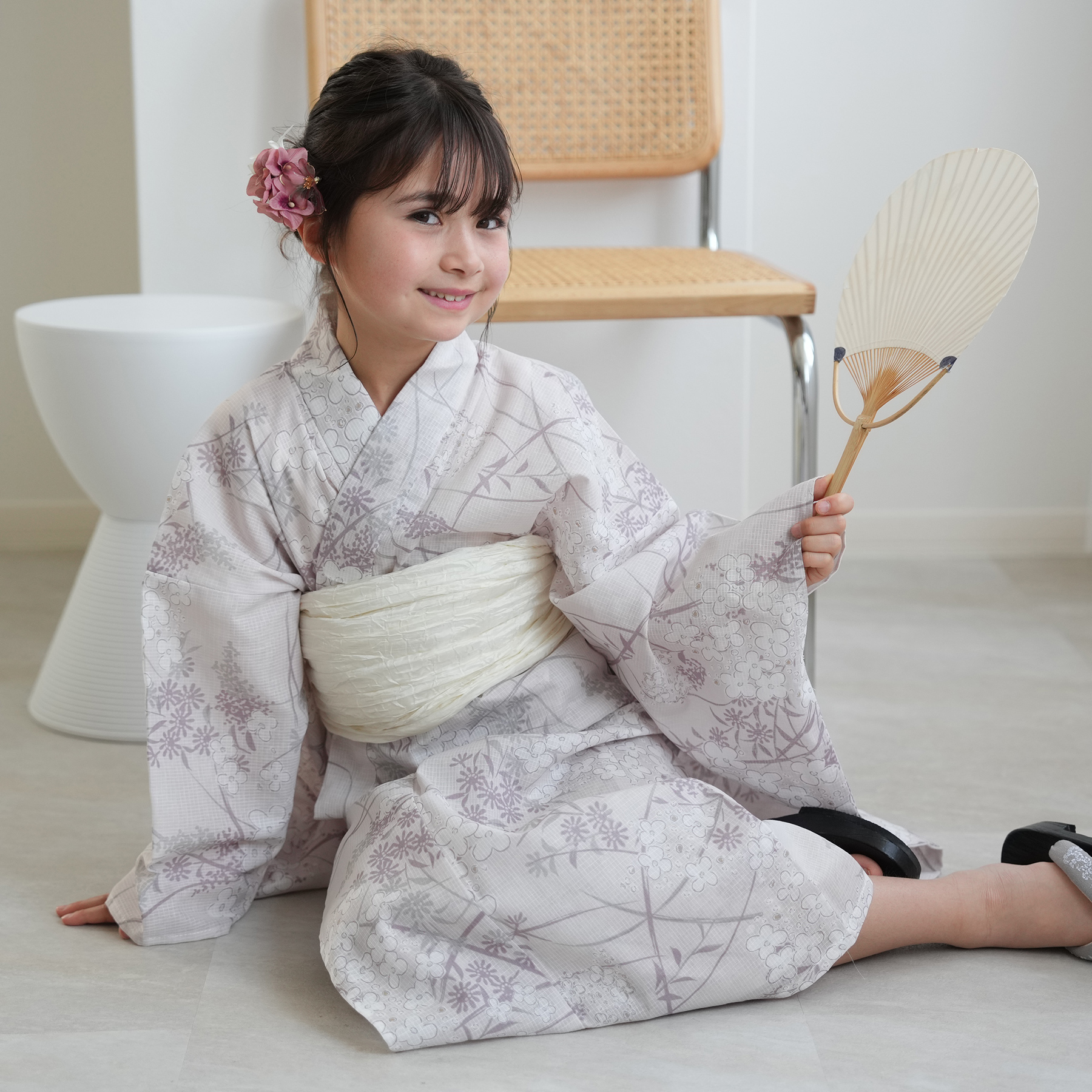 ひよこ商店 高級変わり織 浴衣3点セット ベージュに紫陽花のブーケ utatane｜ひよこ商店 高級変わり織 浴衣3点セット クリームに