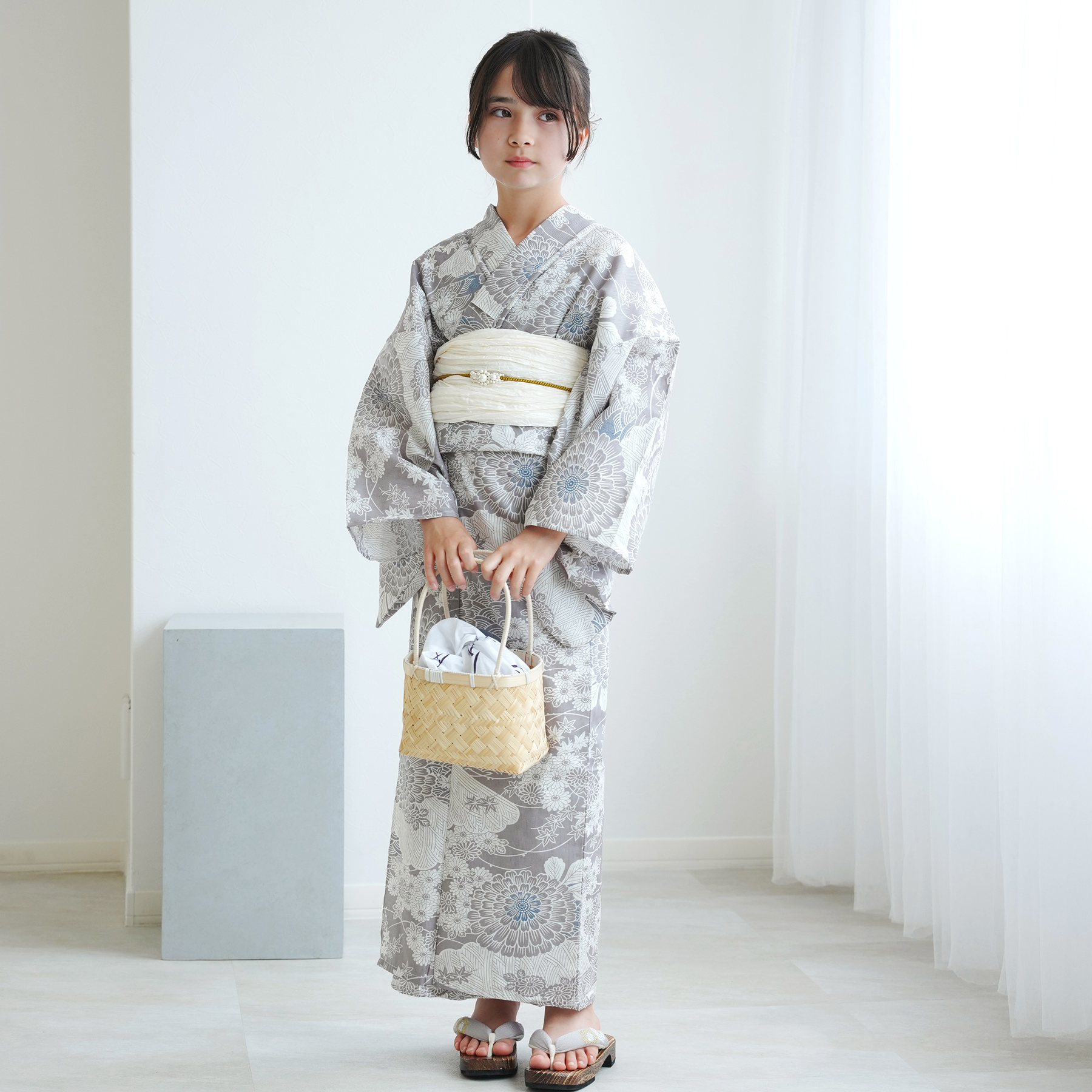浴衣 子供 女の子 ひよこ商店 ジュニア 浴衣3点セット 銀灰色に