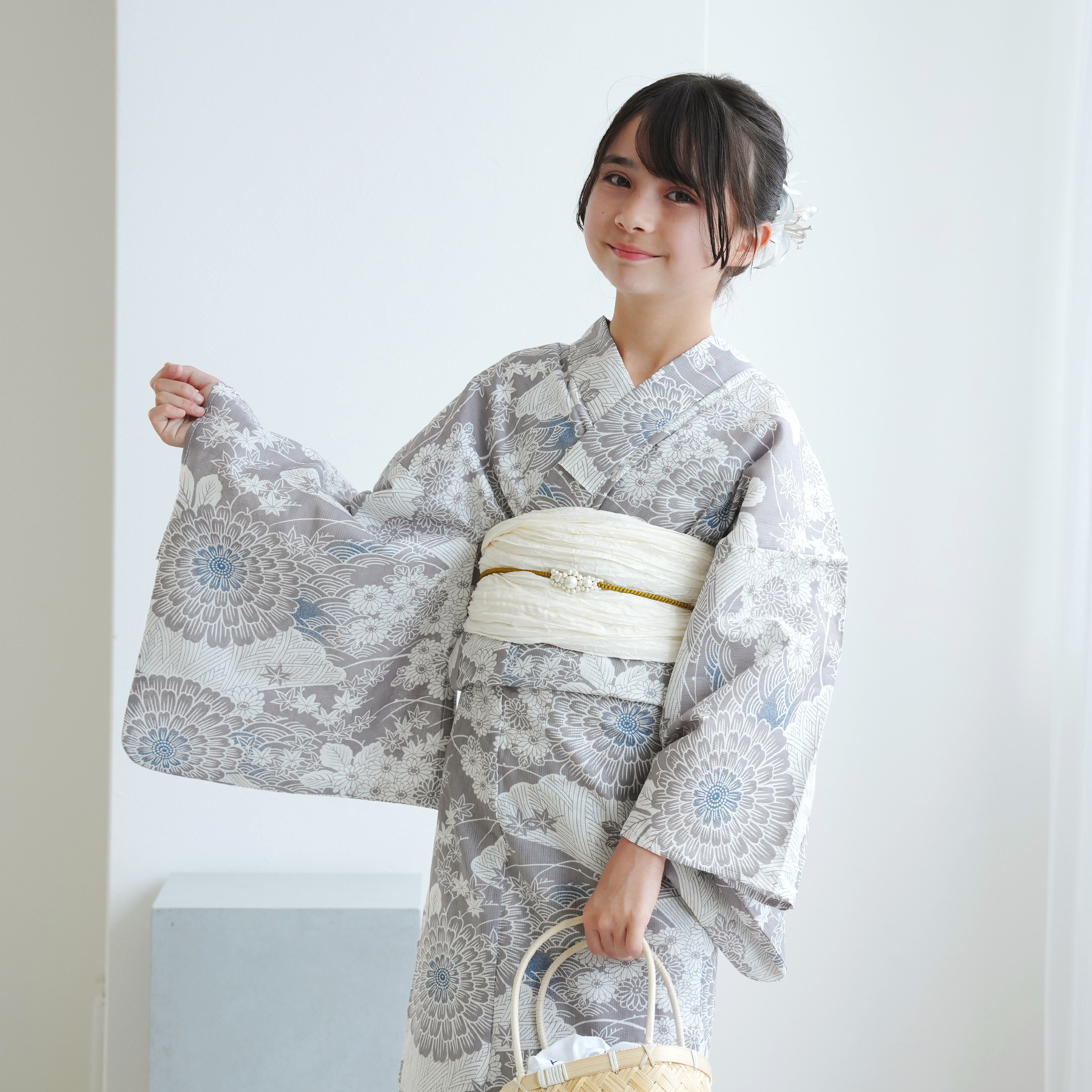 浴衣 子供 女の子 ひよこ商店 ジュニア 浴衣3点セット 銀灰色に菊爛漫