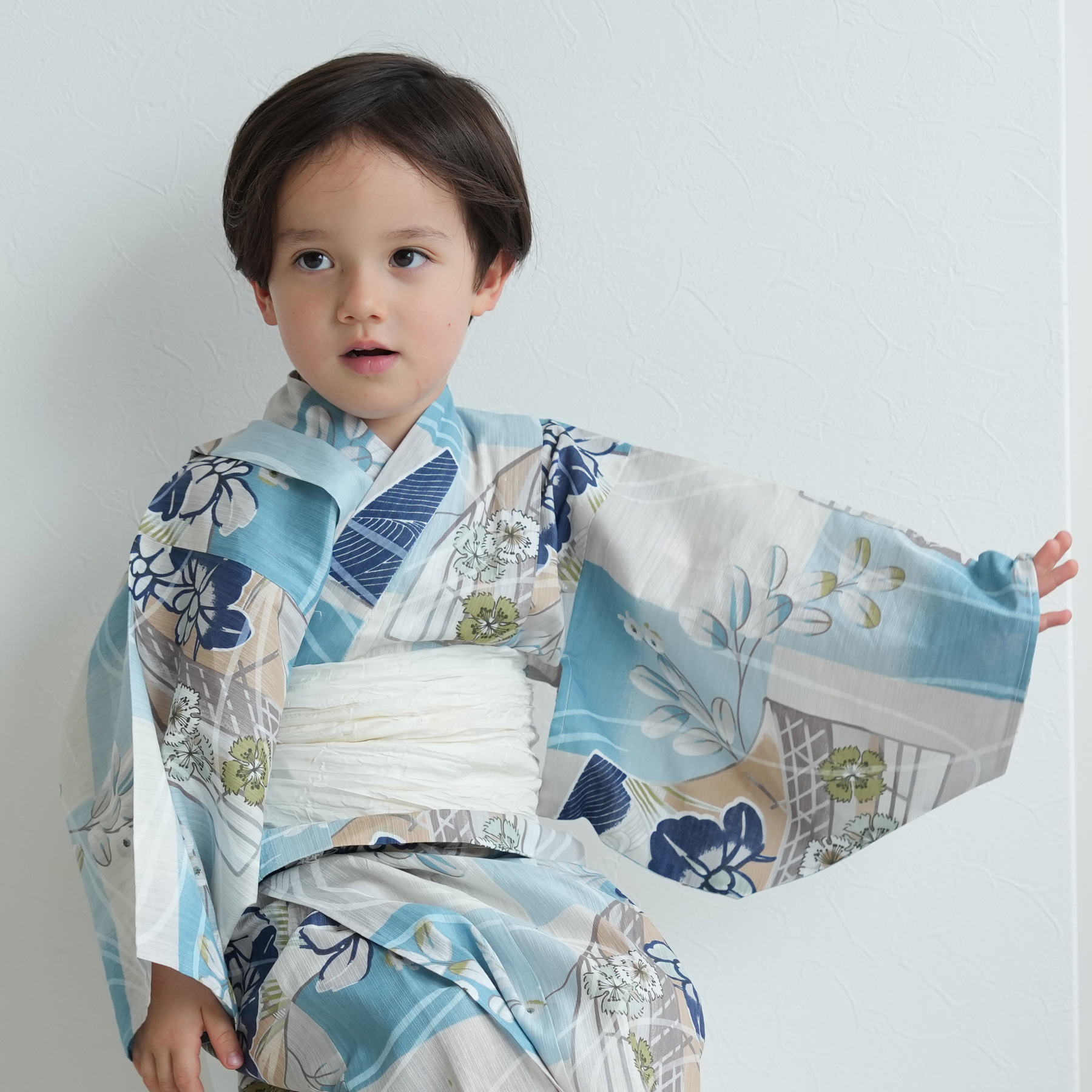 浴衣 子供 男の子 アウトレット 子供浴衣2点セット 水色の市松と