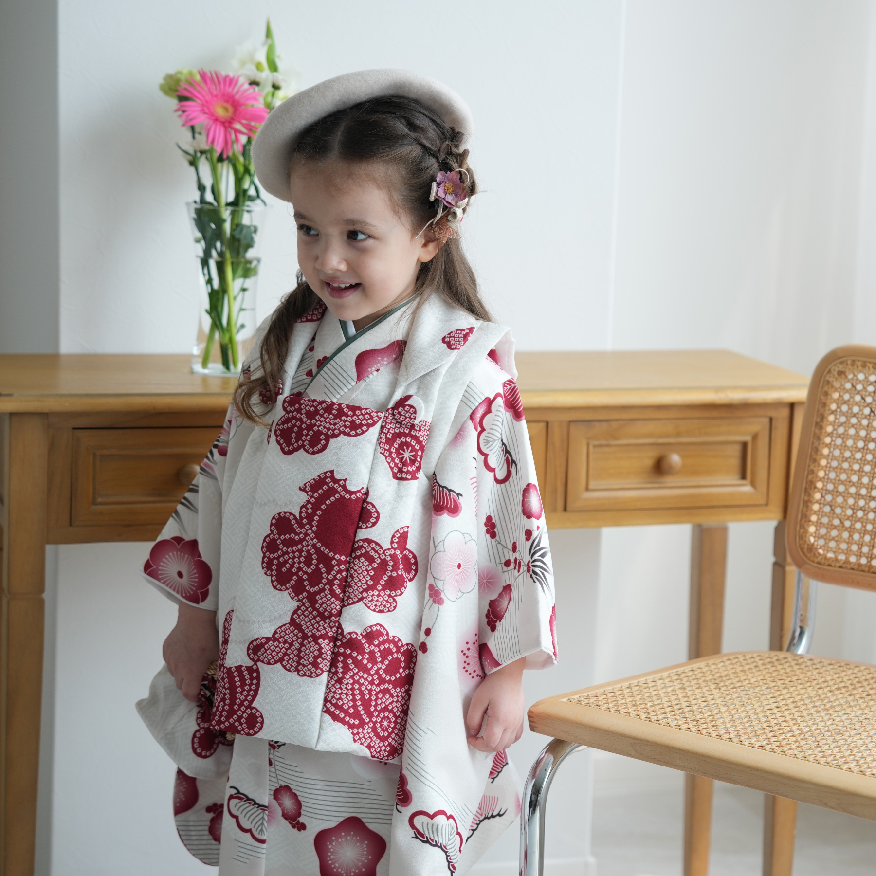 七五三 着物 3歳 女の子 ひよこ商店 kids ベレー帽つき被布フルセット