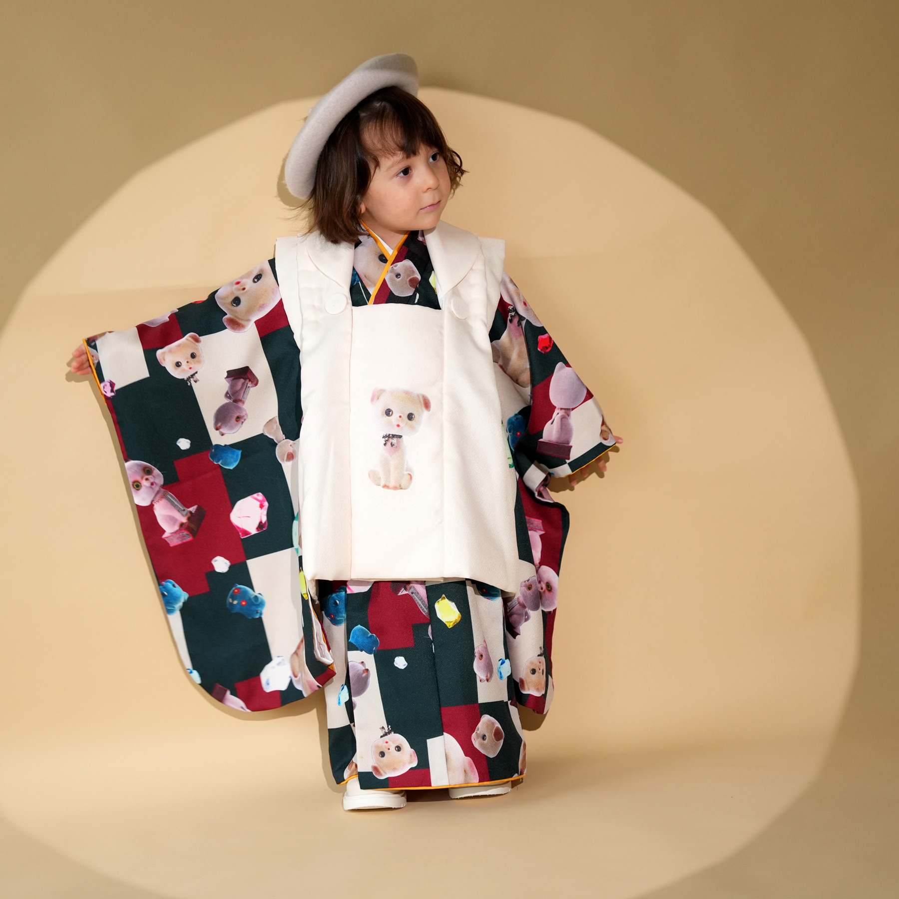 605ab81◎七五三 三歳 男の子 アンティーク着物&被布 玩具文 淡香色◎ 七五三 着物 3歳 男の子 女の子 753 被布 セット ニコアンティーク 6点