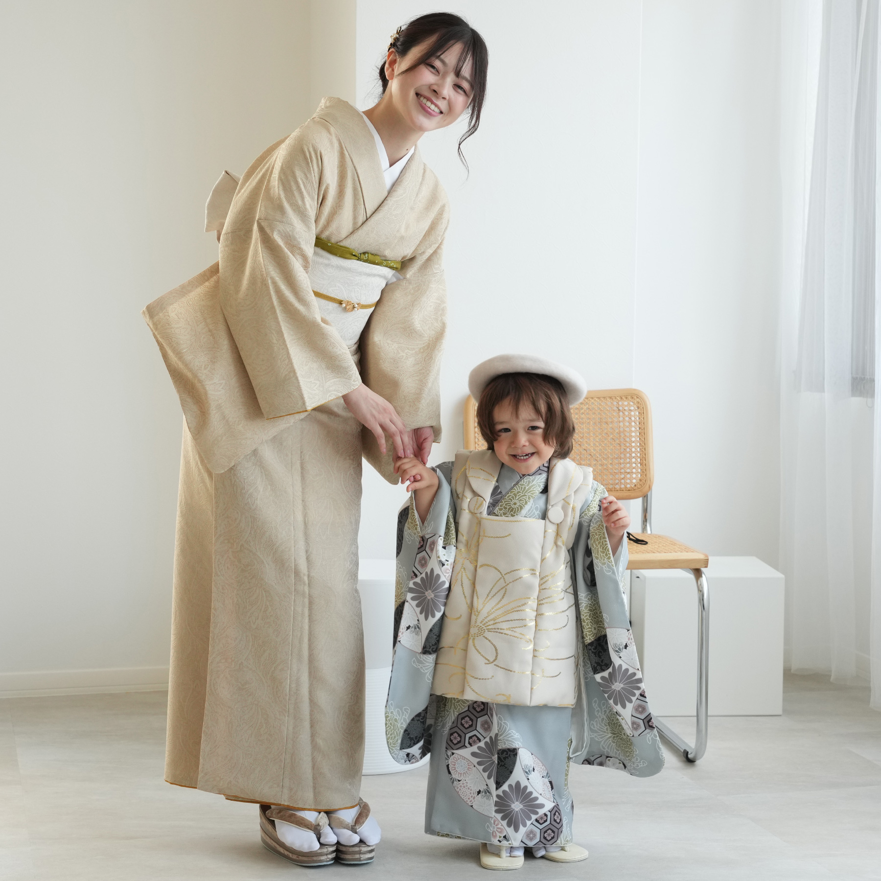 utatane　ひよこ商店　七五三　男の子　被布　クリーム金彩×ミント吉祥鶴 utatane ひよこ商店 七五三 男の子 被布 クリーム金彩×ミント