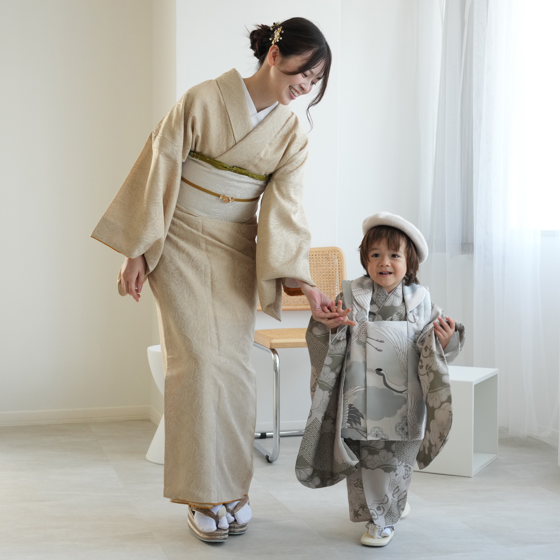 七五三 被布 着物フルセット 3歳 男の子 鶴柄ミント色 雪駄 足袋フルセット 七五三 着物 3歳 男の子 被布 ひよこ商店 kids ベレー帽つき被布