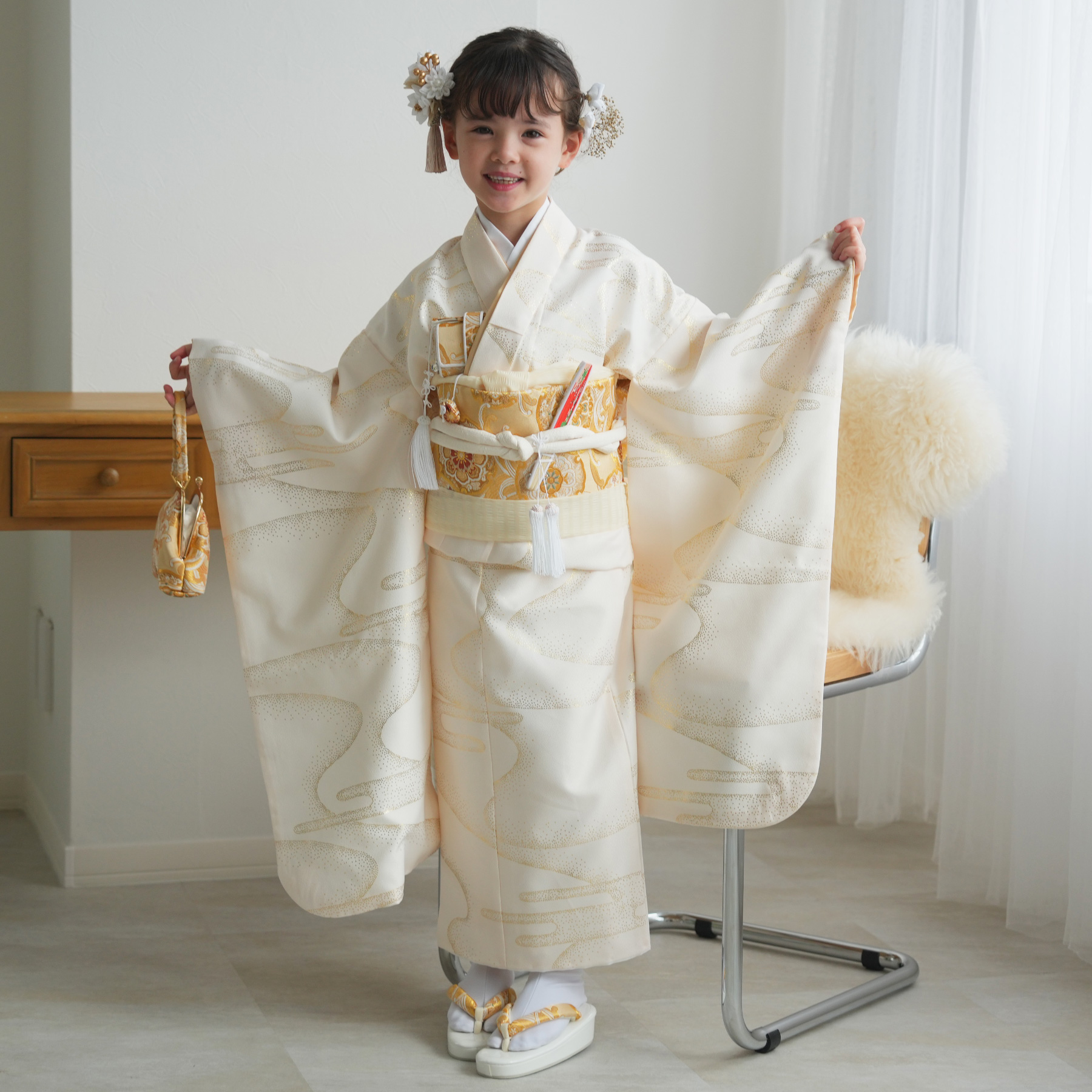 7歳七五三　セット　クリーム系 七五三 着物 7歳 フルセット 購入 ひよこ商店 女の子 四つ身