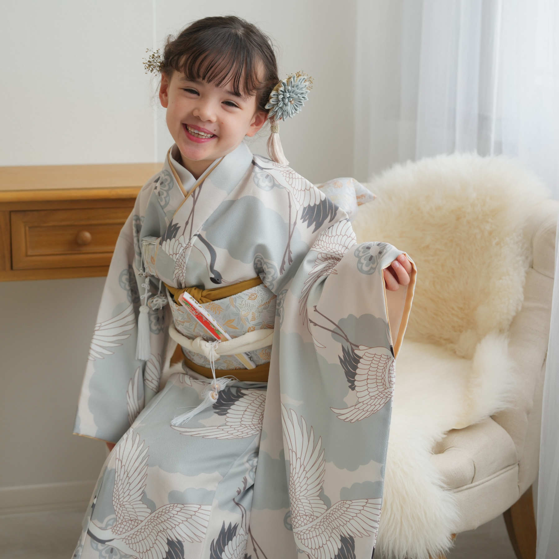 ひよこ商店 七五三 着物フルセット 7歳 女の子　四つ身　ベージュ　金　753 七五三 着物 7歳 フルセット 購入 ひよこ商店 女の子 四つ身