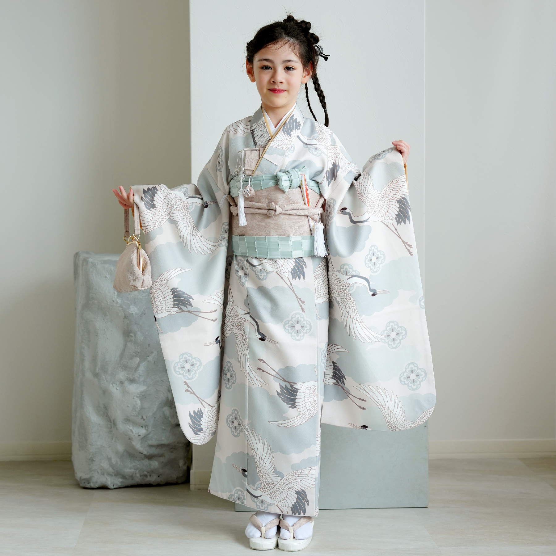 七五三 着物 7歳 女の子 ひよこ商店 四つ身 ミント吉祥鶴 販売 振袖