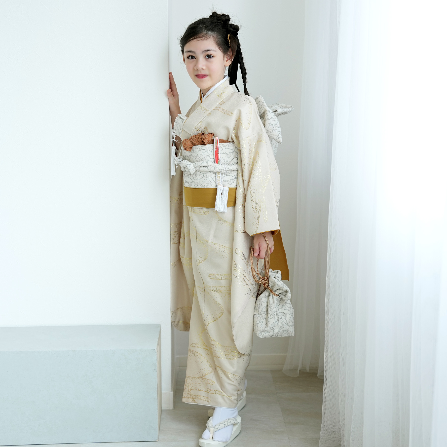 七五三 着物 7歳 女の子 ひよこ商店 四つ身 ベージュ金彩・流水 振袖セット 着物セット 子供 四つ身 七歳 七才 女児 着物 日本製作り帯 販売 購入