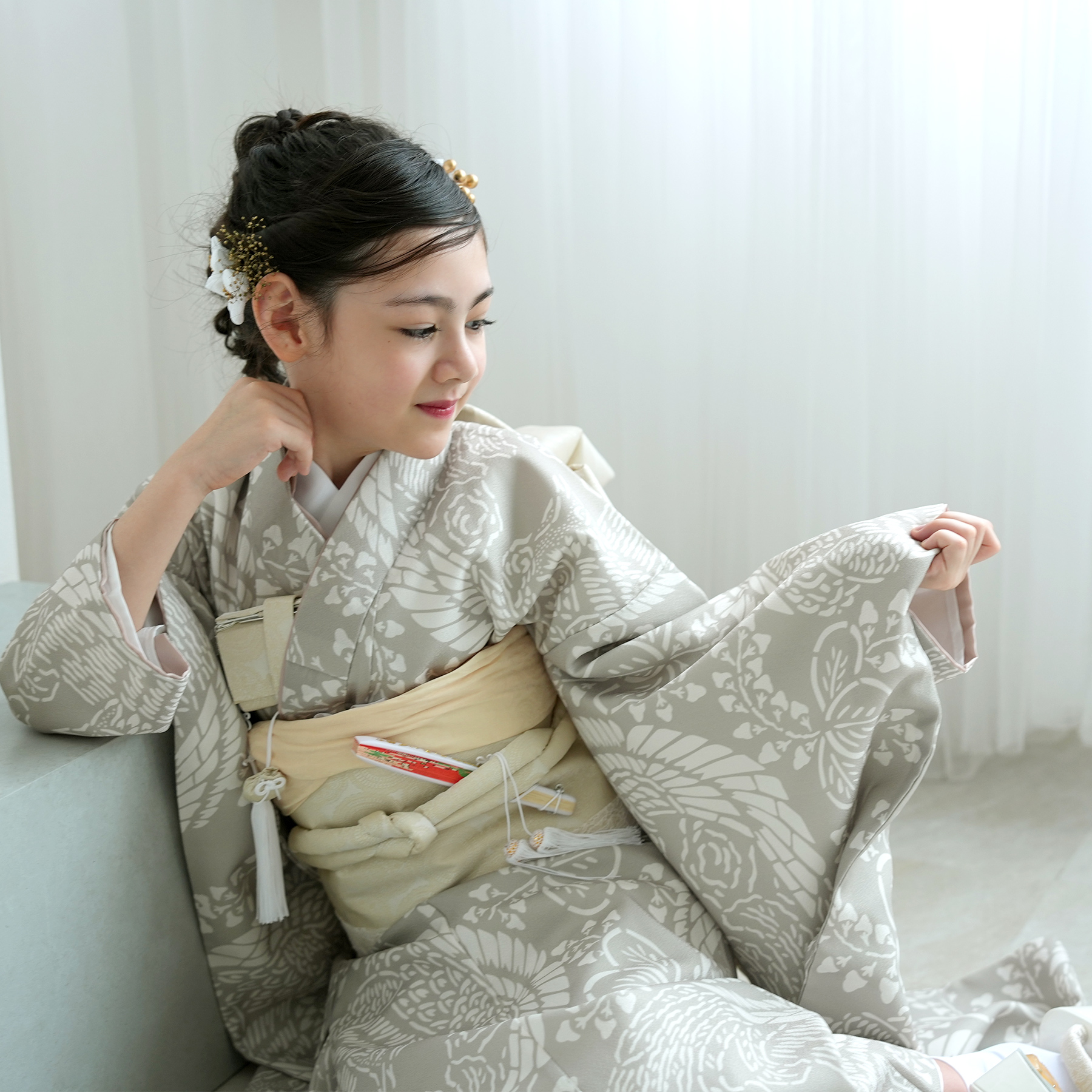 七五三 着物 7歳 女の子 ひよこ商店 四つ身 灰緑鳳凰 振袖セット 着物