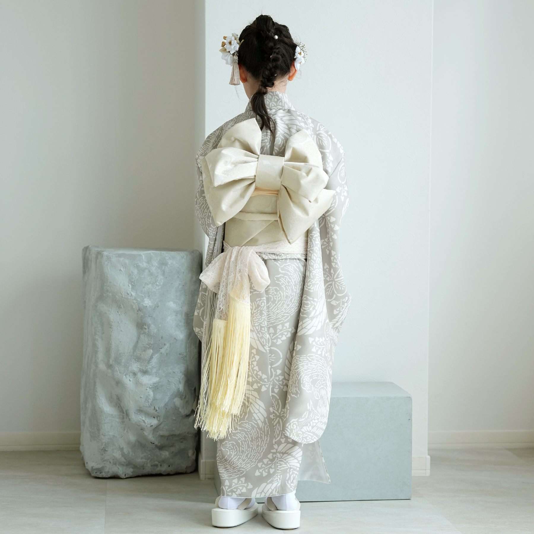 七五三 着物 7歳 女の子 ひよこ商店 四つ身 灰緑鳳凰 振袖セット 着物