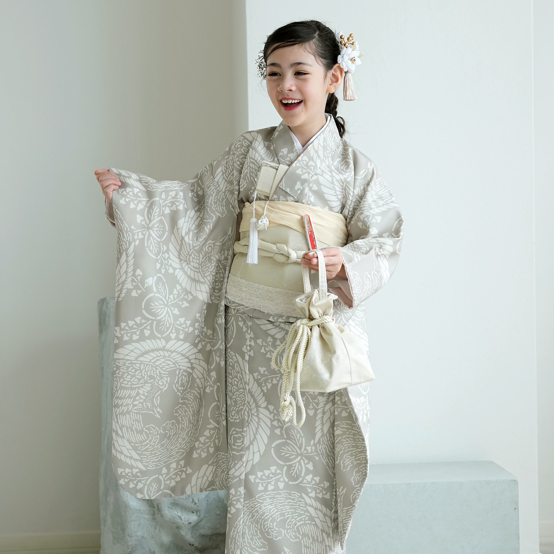 七五三 着物 7歳 女の子 ひよこ商店 四つ身 灰緑鳳凰 振袖セット 着物