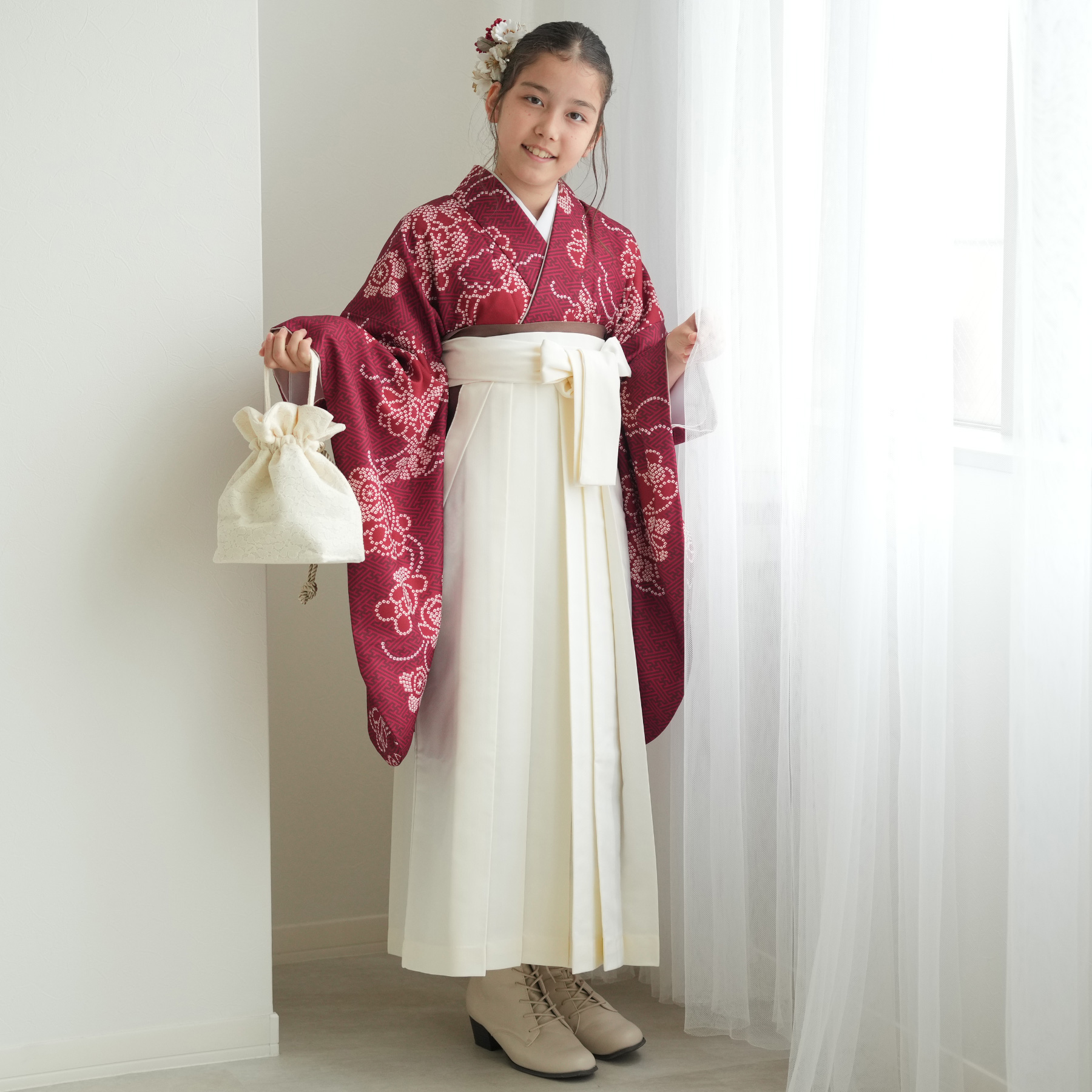 袴 卒業式 ひよこ商店 袴と着物2点セット えんじの絞り柄 低身長さん