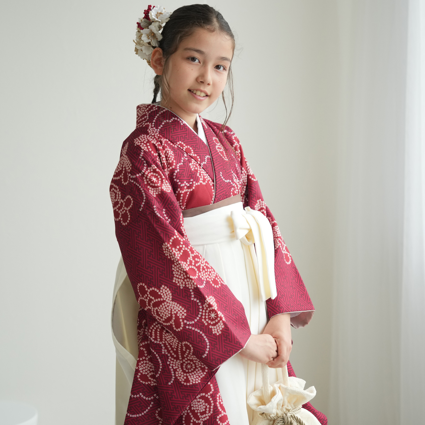 袴 卒業式 ひよこ商店 袴と着物2点セット えんじの絞り柄 低身長さん