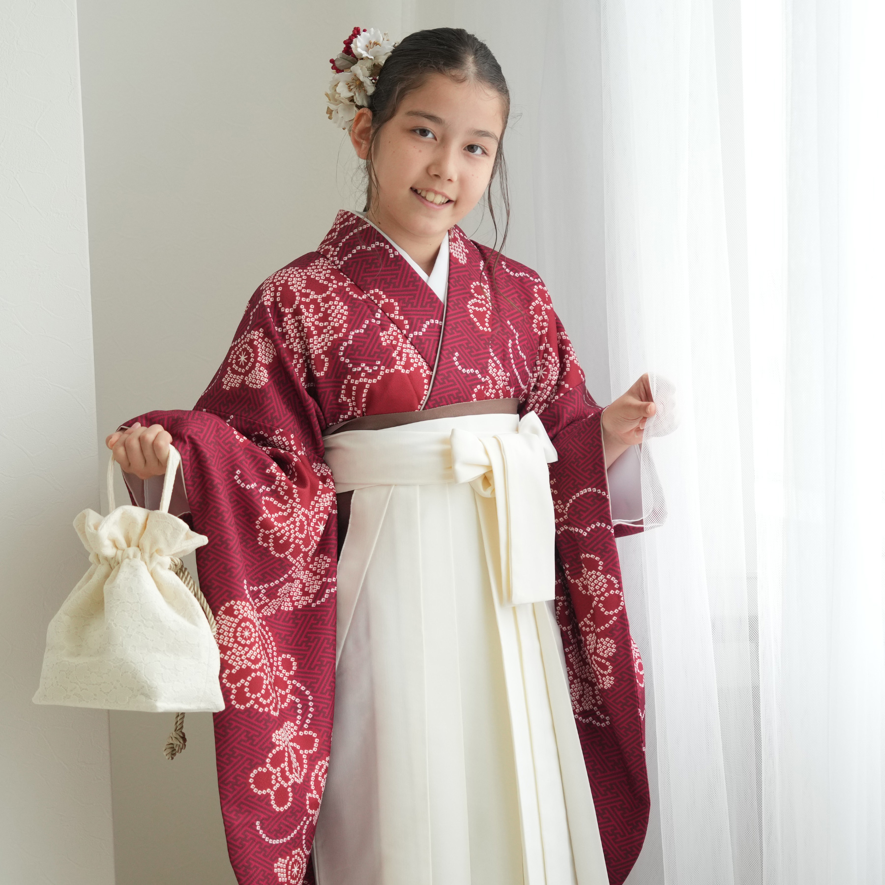 袴 卒業式 ひよこ商店 袴と着物2点セット えんじの絞り柄 低身長さん