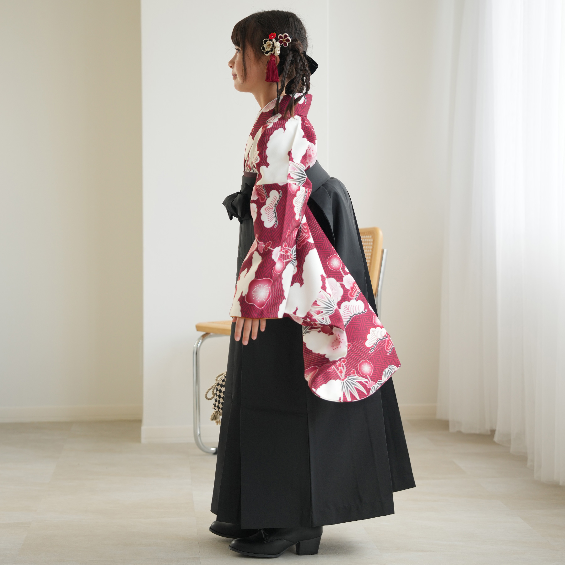 袴 卒業式 ひよこ商店 袴と着物2点セット 元禄梅模様 えんじ 低身長