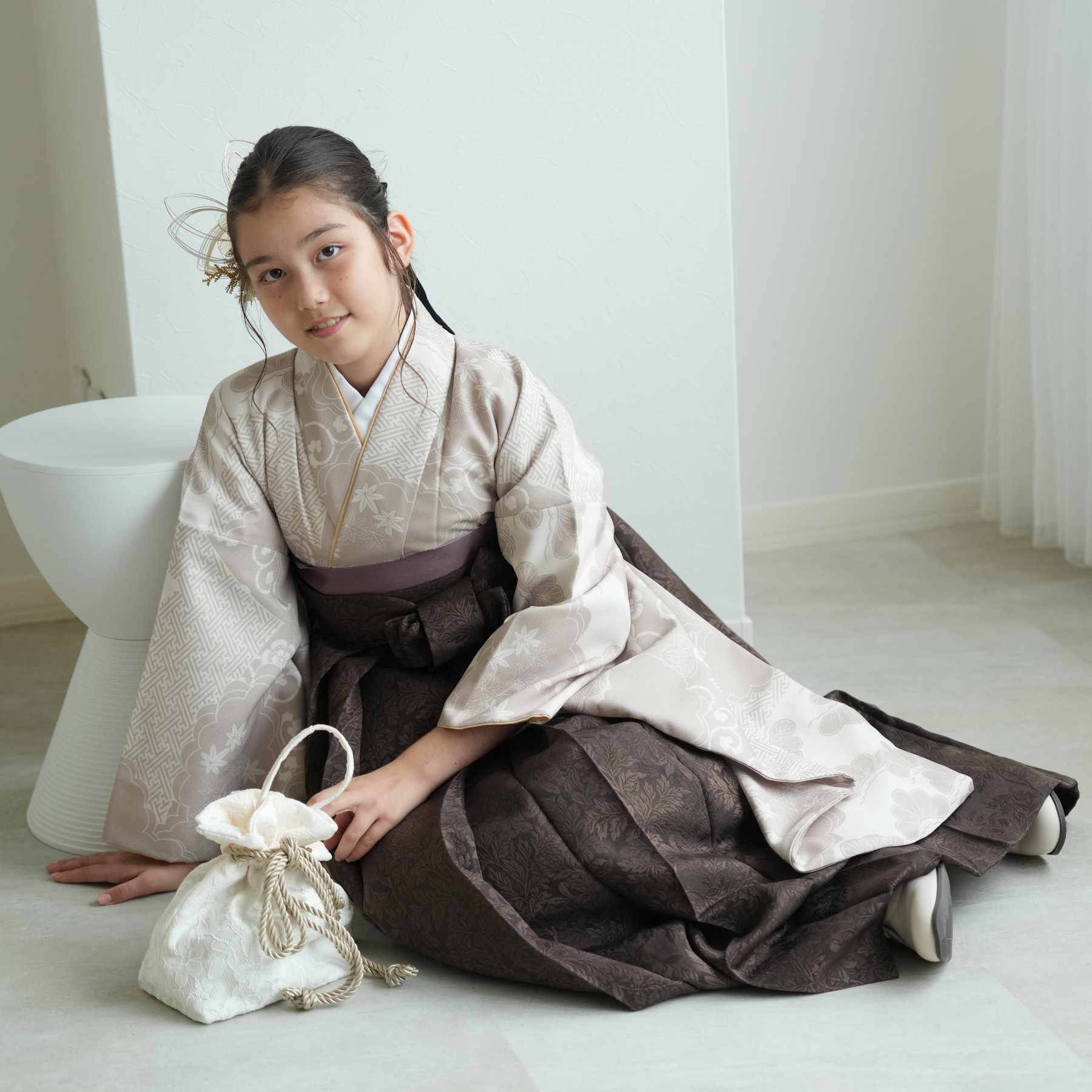 袴 卒業式 ひよこ商店 袴と着物2点セット ベージュ松文様 低身長