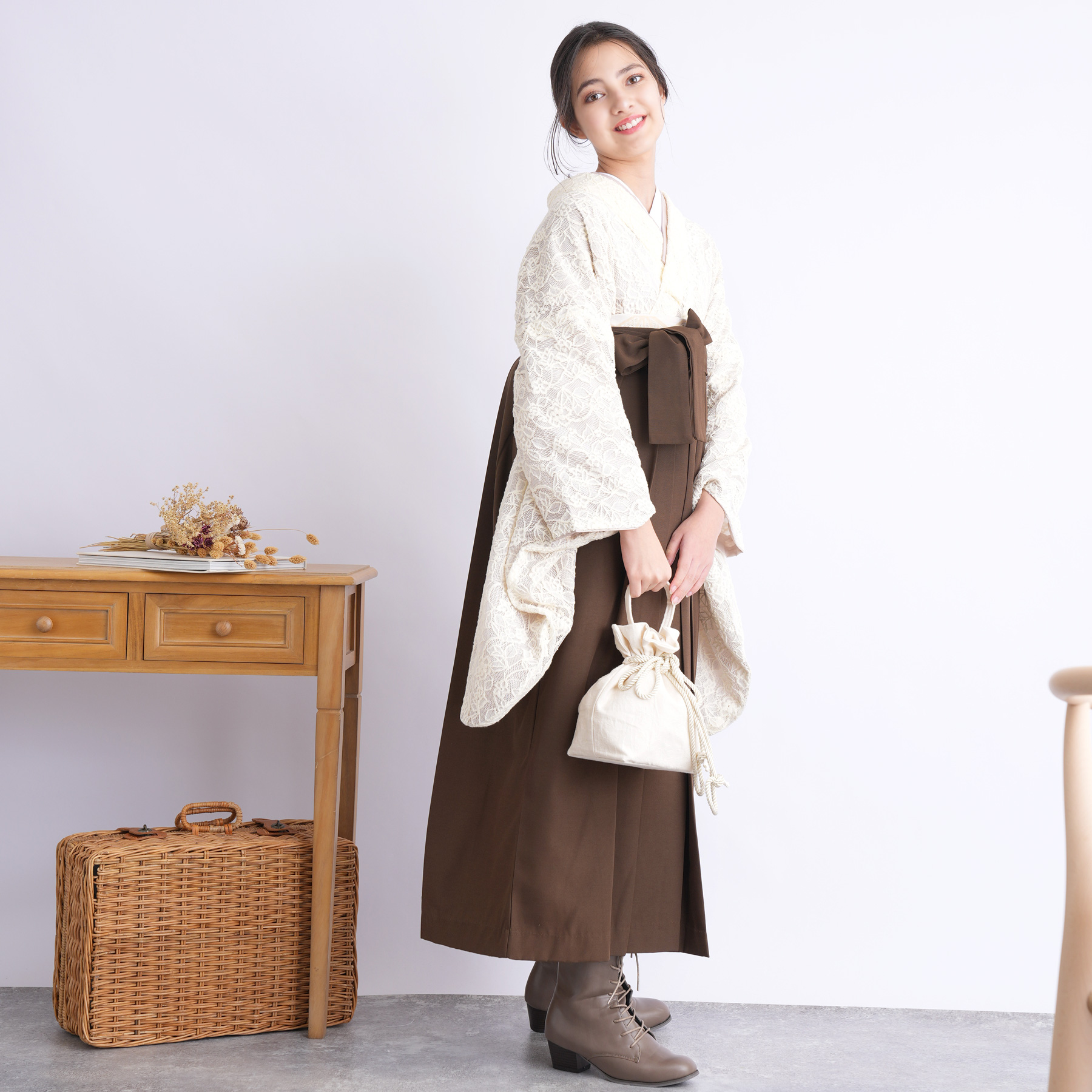 maru × utatane 浴衣3点セット (浴衣/帯/下駄) ほぐし麻の葉としだれ藤