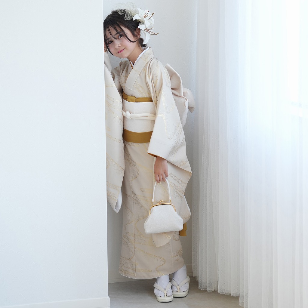 振袖 女の子 小学生 10歳 ひよこ商店 振袖セット ベージュ金彩・流水  ハーフ成人式 ジュニア 子供 十歳 十才 着物 1/2成人式 135cm-145cm前後 販売 購入