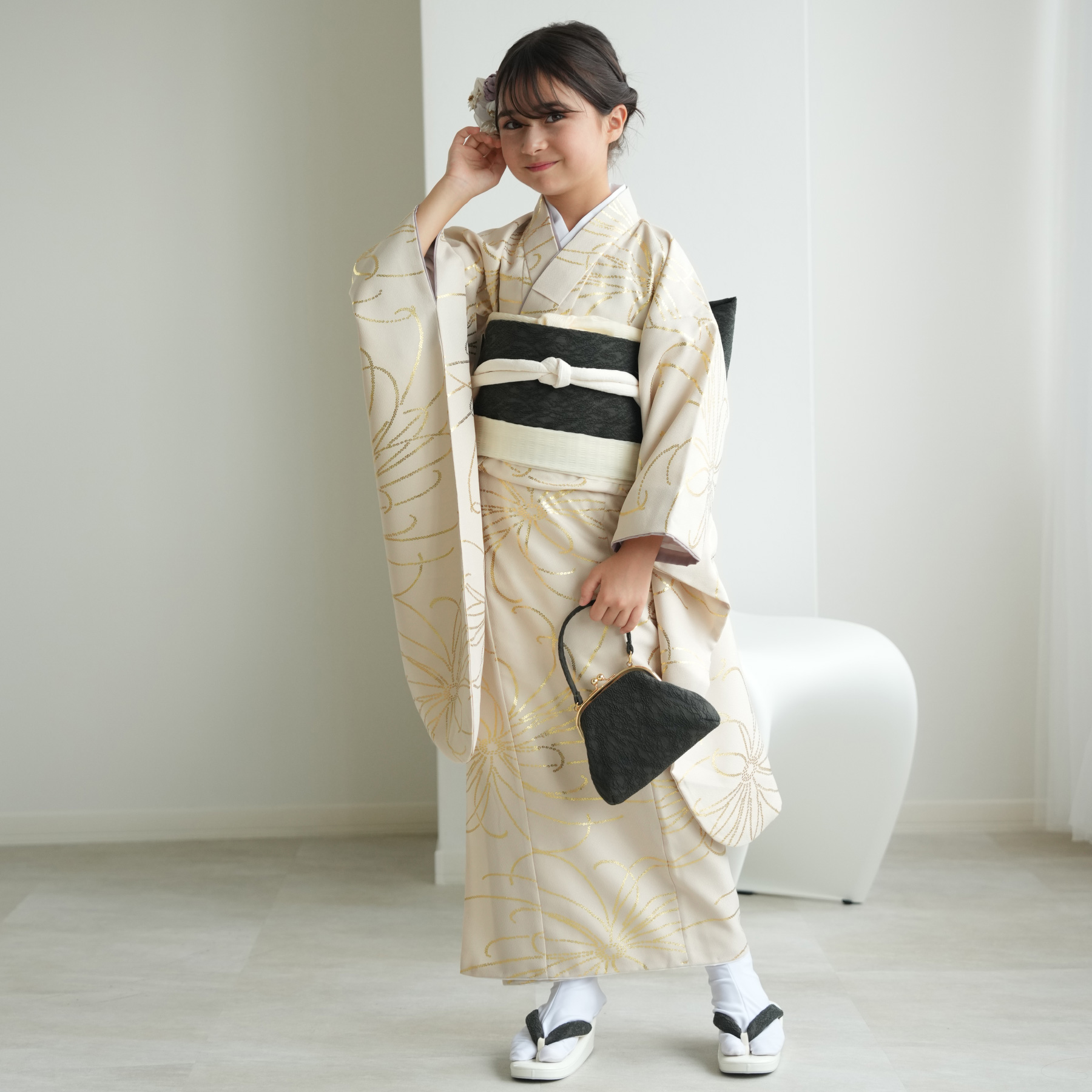 振袖 女の子 小学生 10歳 ひよこ商店 振袖セット ベージュ金彩・糸菊