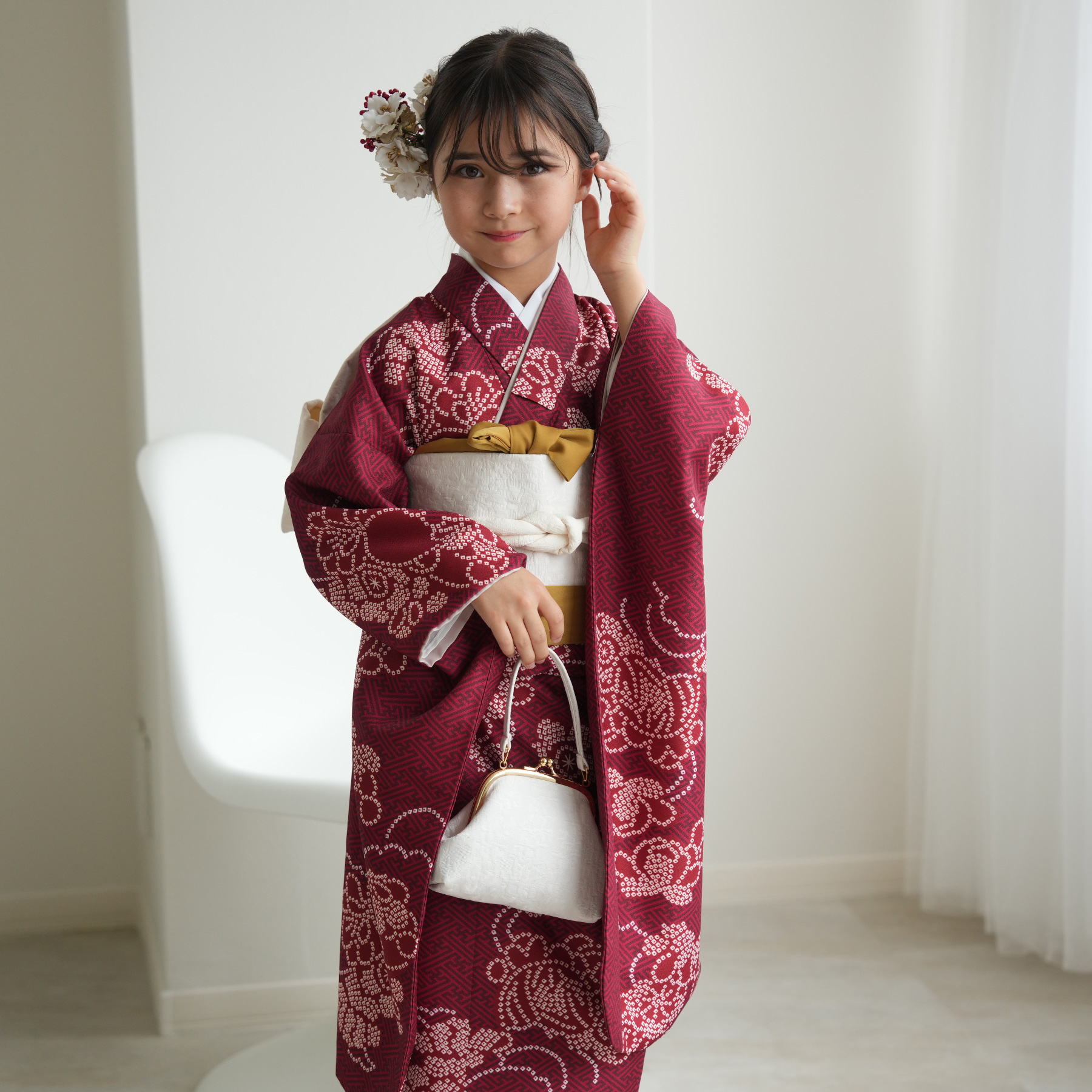 振袖 女の子 小学生 10歳 ひよこ商店 振袖セット えんじの絞り柄 振袖 女の子 小学生 10歳 ひよこ商店 振袖セット えんじの絞り柄