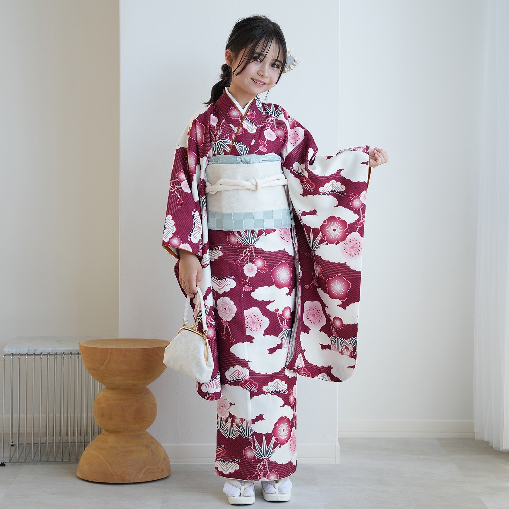 振袖 女の子 小学生 10歳 ひよこ商店 振袖セット 元禄梅模様 えんじ  ハーフ成人式 ジュニア 子供 十歳 十才 着物 1/2成人式 135cm-145cm前後 販売 購入