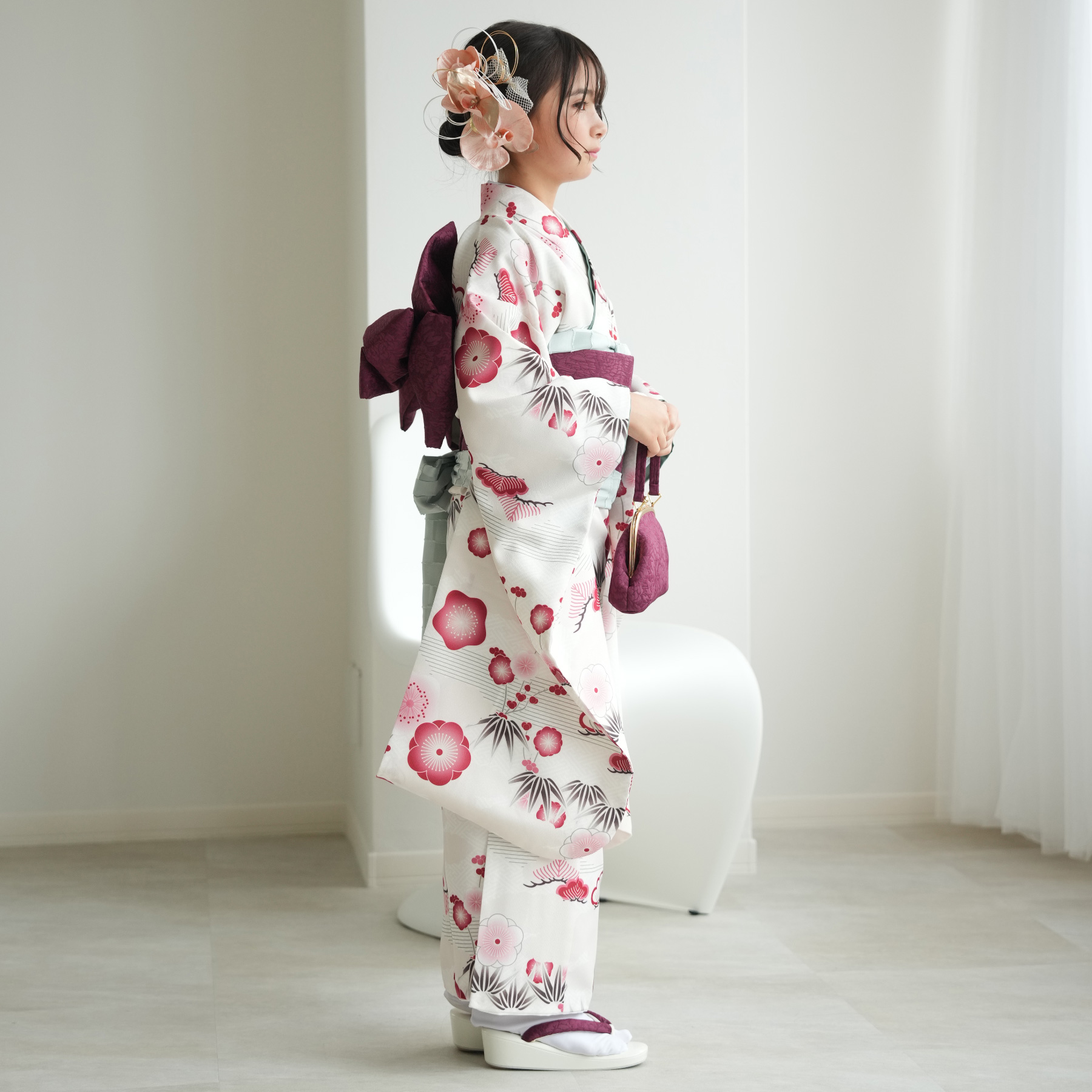 振袖 女の子 小学生 10歳 ひよこ商店 振袖セット 元禄梅模様 白 ハーフ