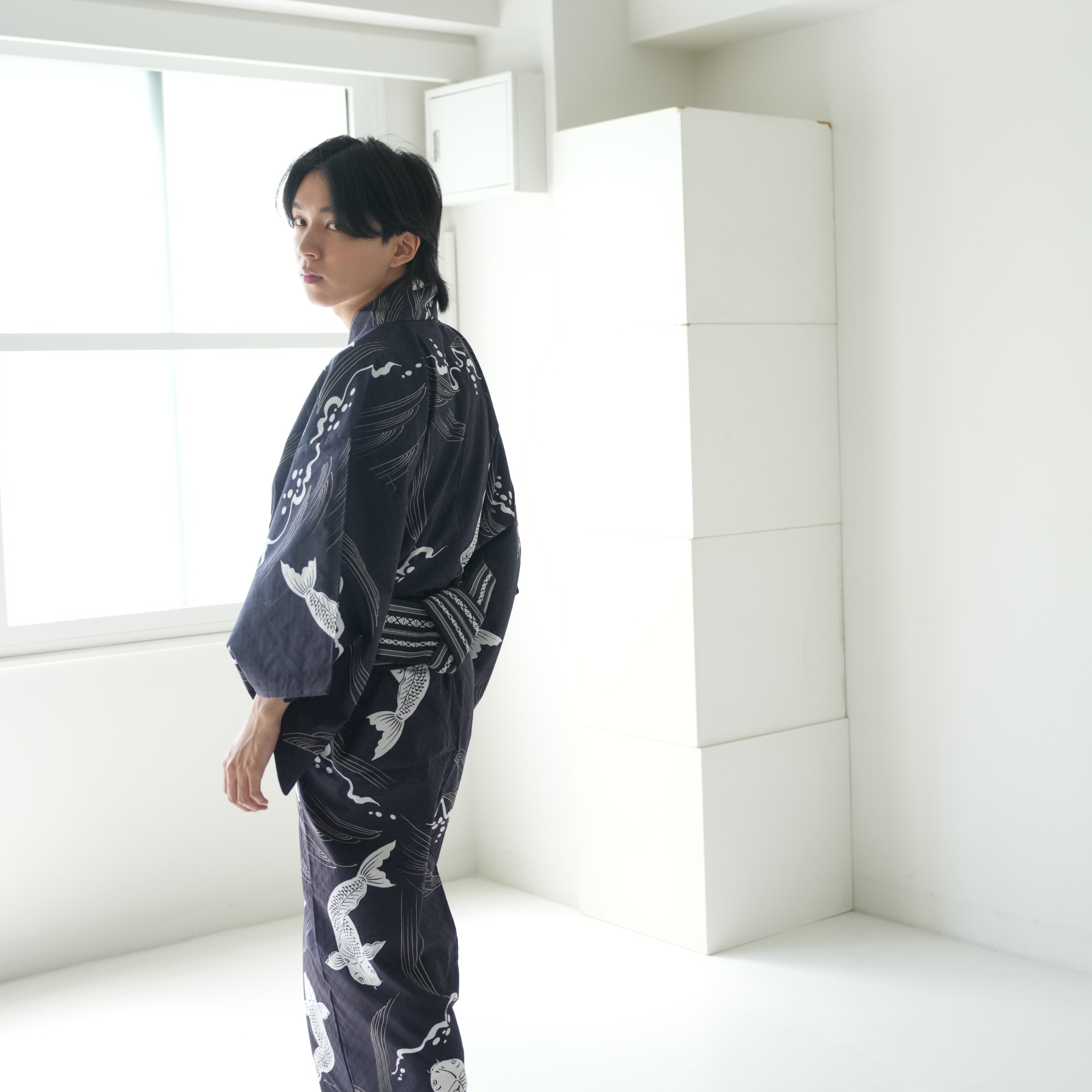 Nico antique 鯉柄 浴衣 Fサイズ 浴衣 メンズ セット ニコアンティーク 浴衣3点セット 紺地に鯉