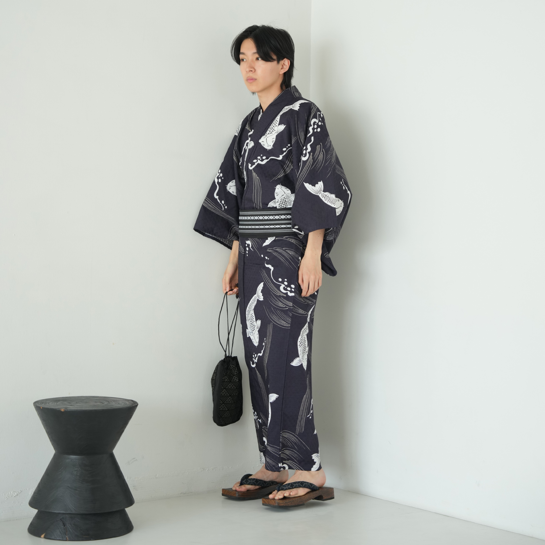 Nico antique 鯉柄 浴衣 Fサイズ 浴衣 メンズ セット ニコアンティーク 浴衣3点セット 紺地に鯉