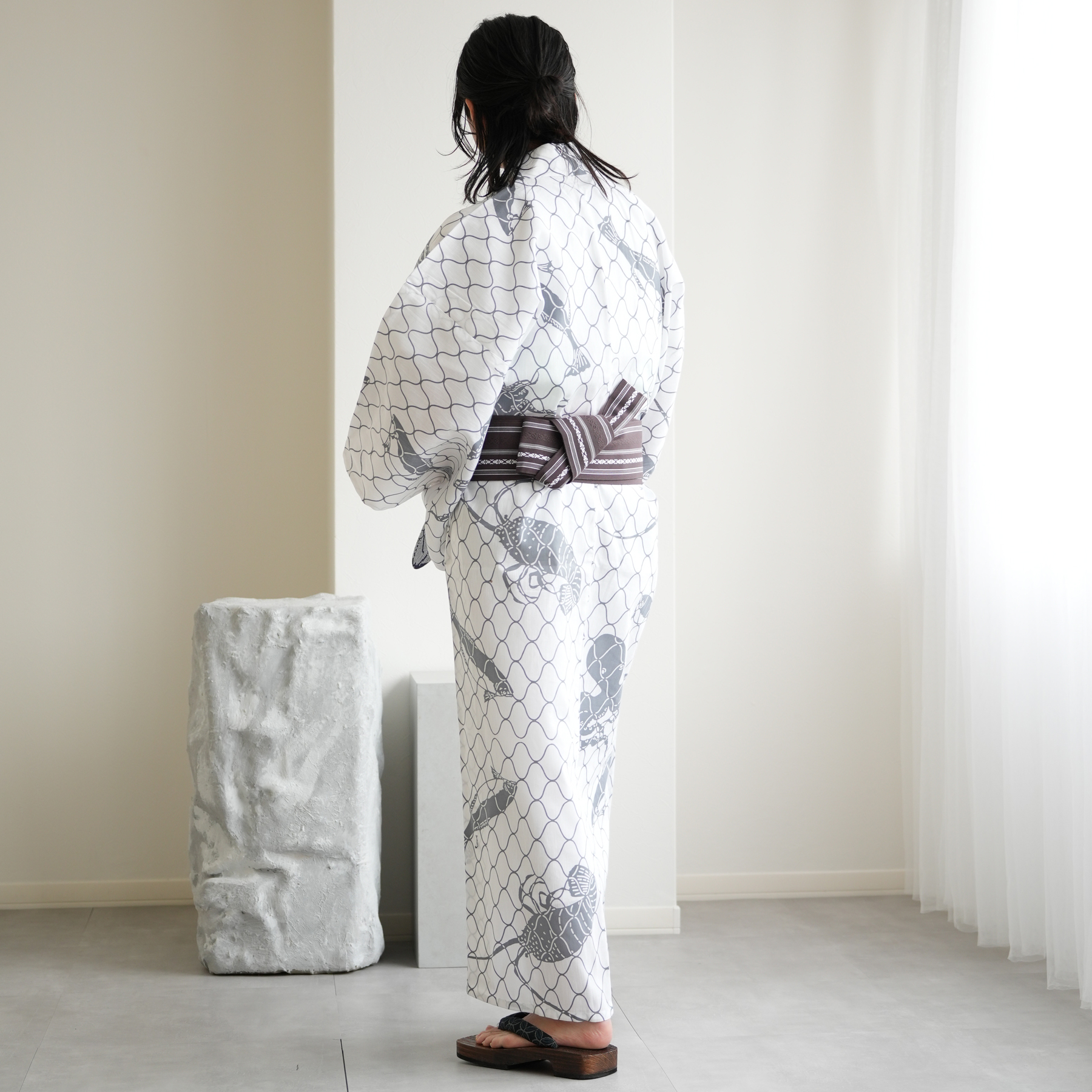 メンズ セット utatane×注染工房 浴衣3点セット きなりにグレーの網と海老たこ 男 男性 特選 注染 選べるM/Lサイズ （ゆかた・帯・下駄）日本製 【美しい】