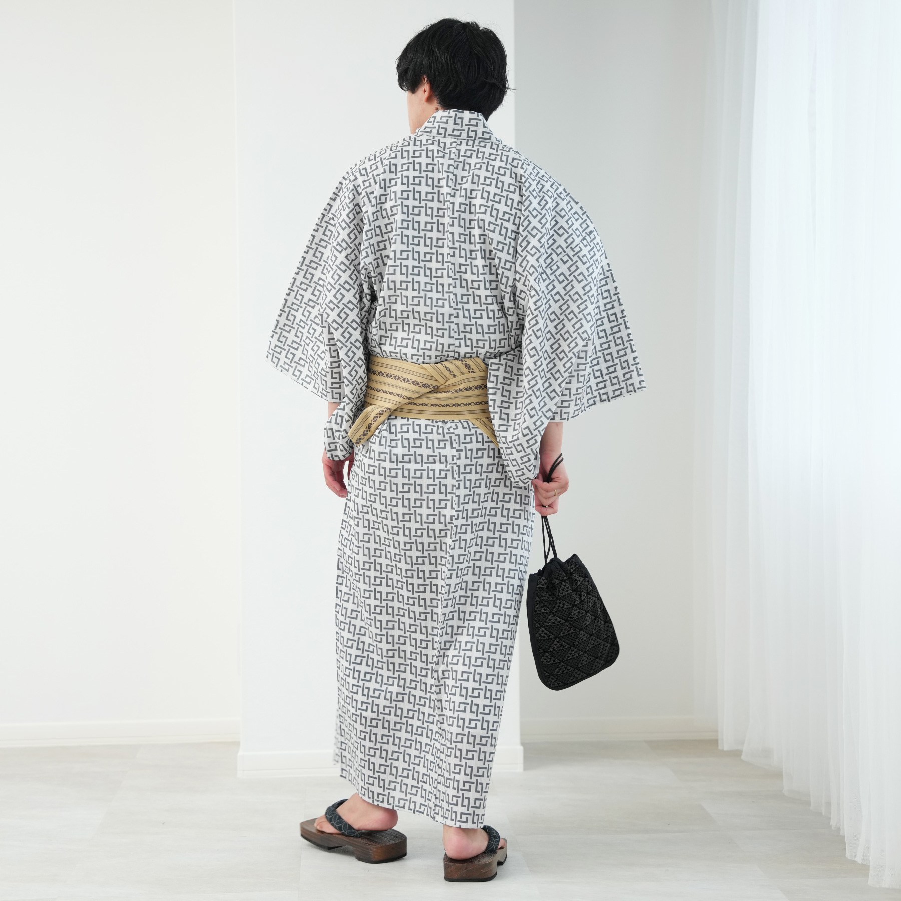 浴衣 メンズ セット 高級変わり織 浴衣3点セット 白にグレーの六