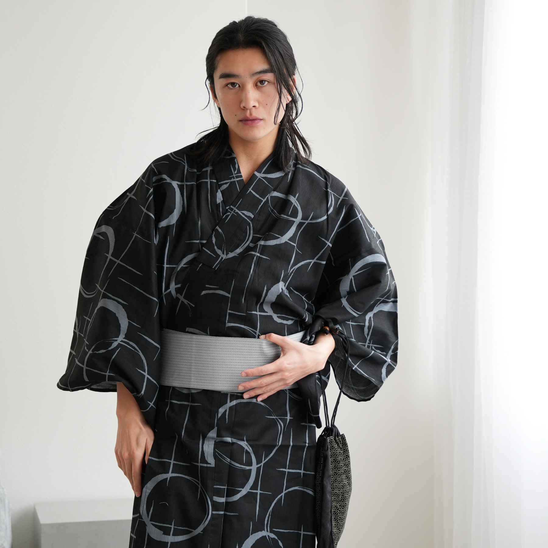 浴衣 メンズ セット 高級変わり織 浴衣3点セット 墨黒に丸格子 男 紳士