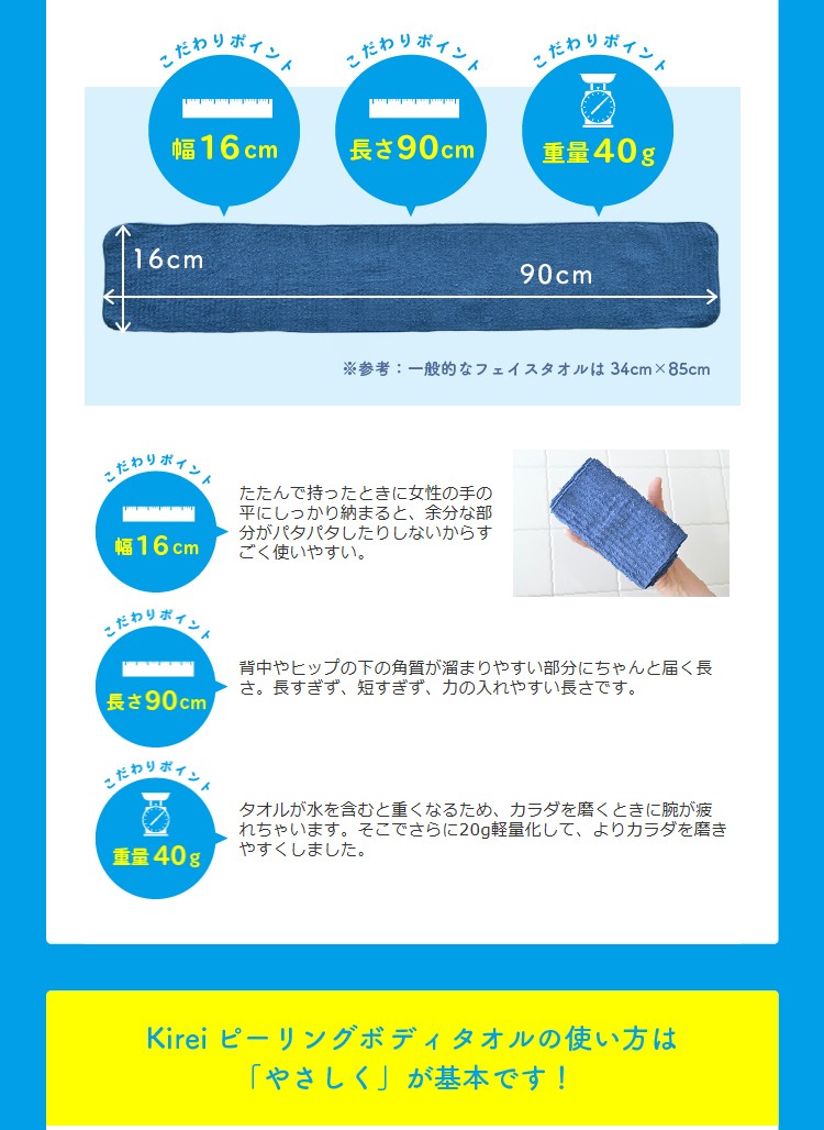 たたんで持ったときに女性の手のひらにしっかり収まると、余分な部分がパタパタしたりしないからすごく使いやすい。背中やヒップの下の角質が溜まりやすい部分にちゃんと届く長さ。長すぎず、短すぎず、力の入れやすい長さです。 タオルが水を含むと重くなるため、カラダを磨くときに腕が疲れちゃいます。そこでさらに20g軽量化して、よりカラダを磨きやすくしました。 