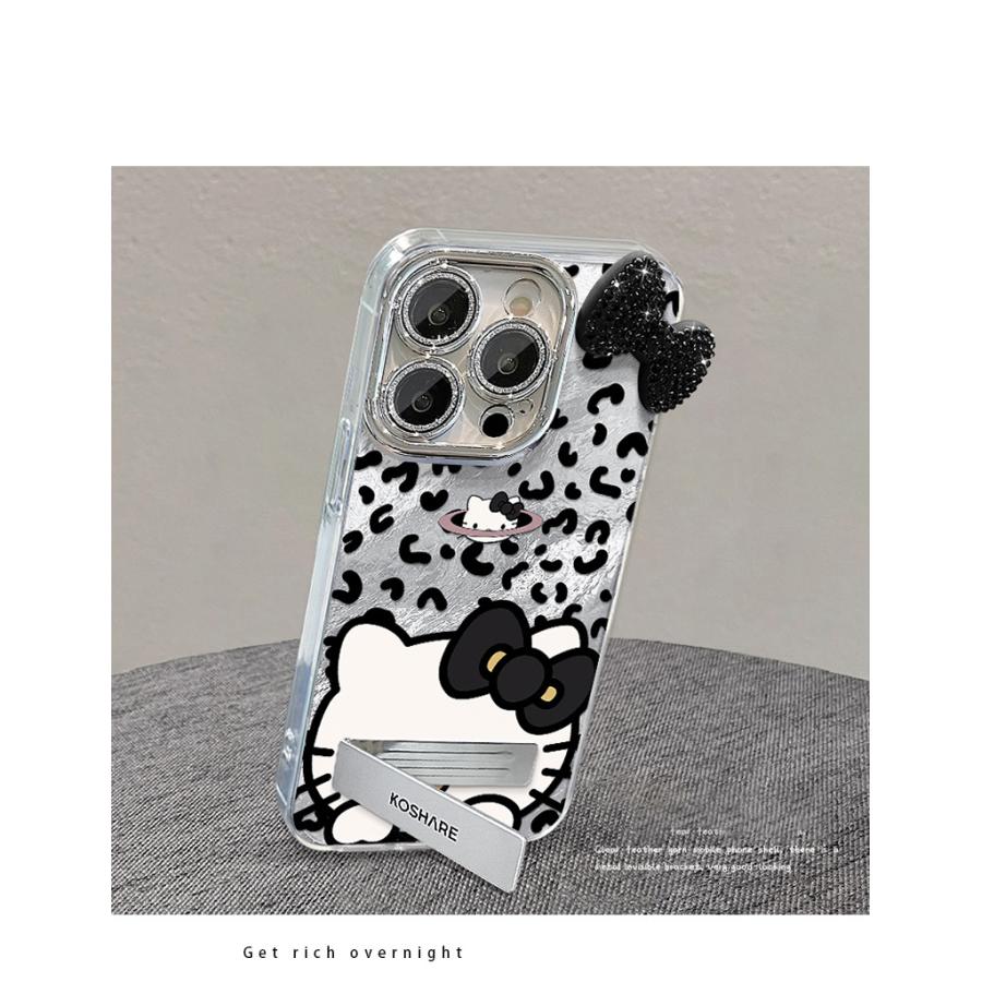 ストラップ付き キティちゃん iphone17スマホケース ヒョウ柄 蝶結び