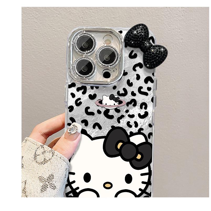 ストラップ付き キティちゃん iphone17スマホケース ヒョウ柄 蝶結び