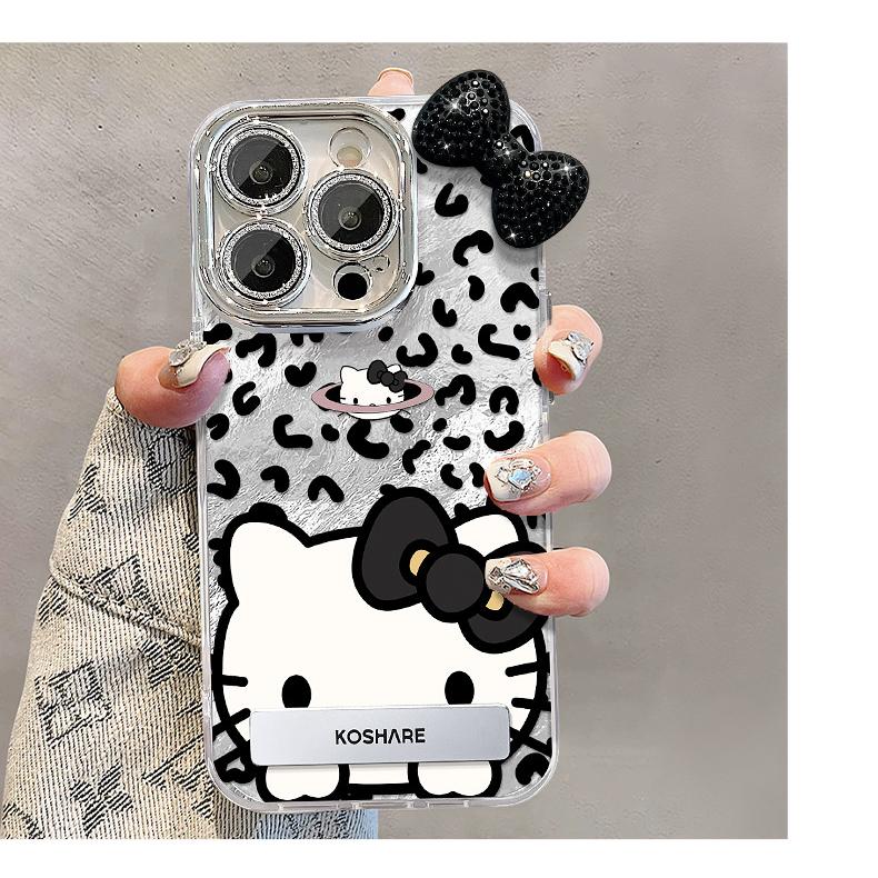 ストラップ付き キティちゃん iphone17スマホケース ヒョウ柄 蝶結び