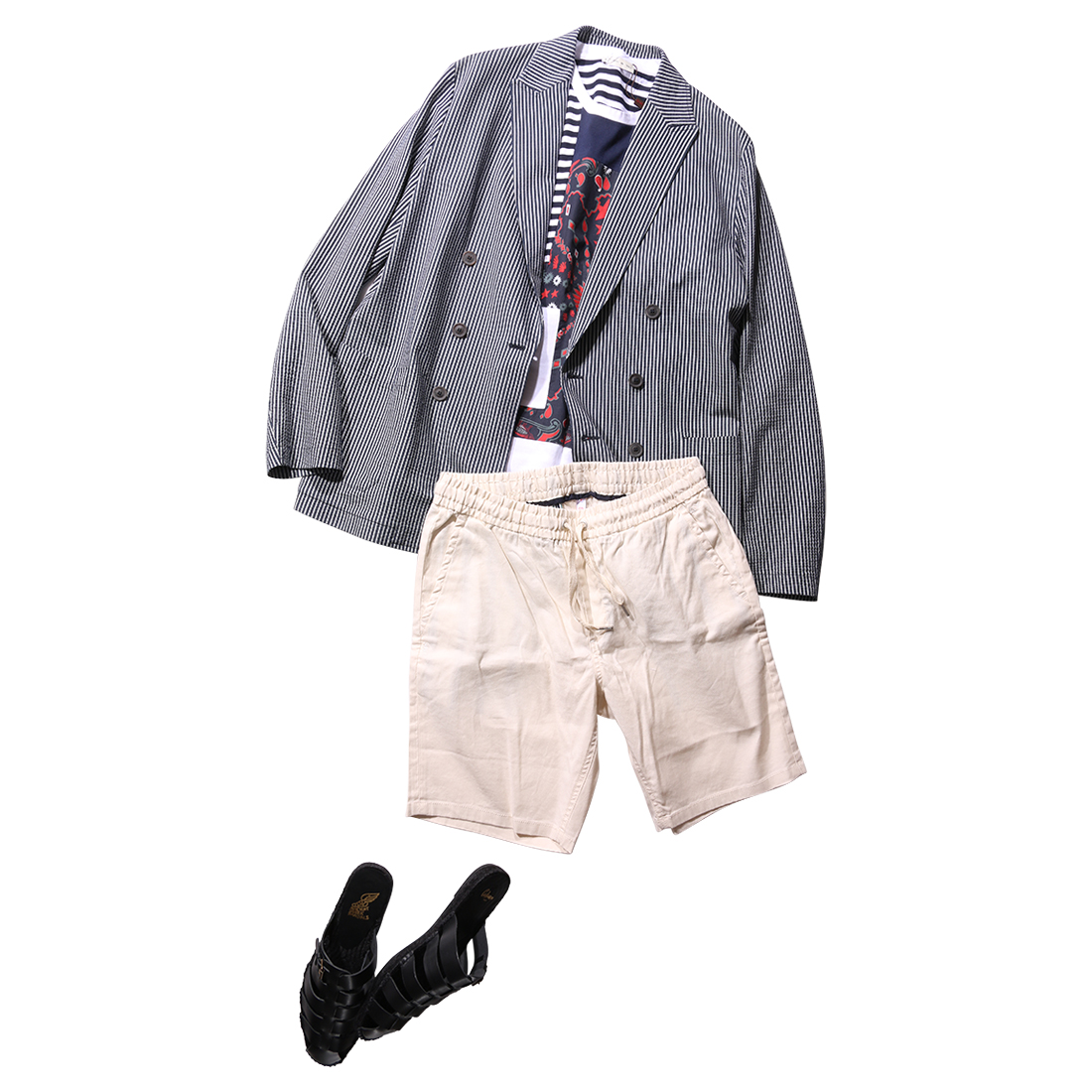 T-JACKETのシアサッカーストライプジャケットにETROのTシャツとSUN68のショーツを合わせた春夏コーディネート