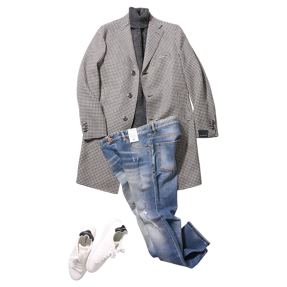 TAGLIATOREのハウンドトゥース柄コートにDANIELE FIESOLIのニットとJACOB COHENデニム、LARDINIスニーカーを合わせた大人の冬コーディネート