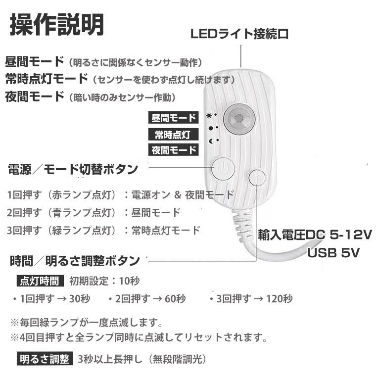 人感センサースイッチ LEDライト対応 USB/DC給電式 赤外線センサー搭載 自動点灯消灯 電圧5〜12V 