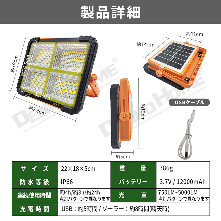 DENKO HOME（電光ホーム） LED 投光器 作業灯 ソーラーライト 防災